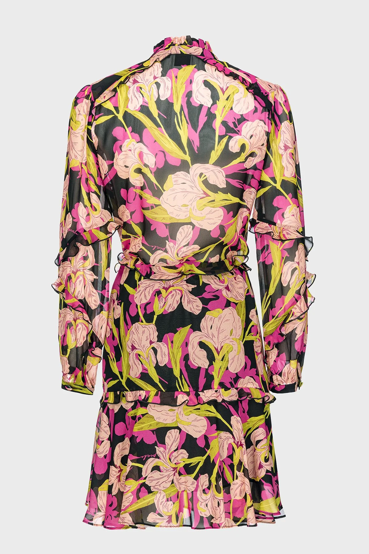 Pinko Çiçek Baskılı Fırfırlı İpli Bağlamalı Düğmeli Kapatmalı Regular Fit Kadın Elbise 101493 A155 ZY5 Pembe-Sarı - 7