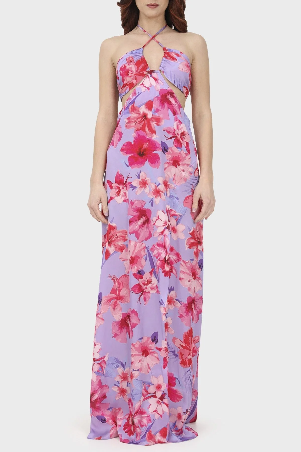 Pinko Çiçek Desenli Boyundan Bağlamalı Sırt Dekolteli Maxi Bayan Elbise 100759 A0M8 YNB PEMBE - 8