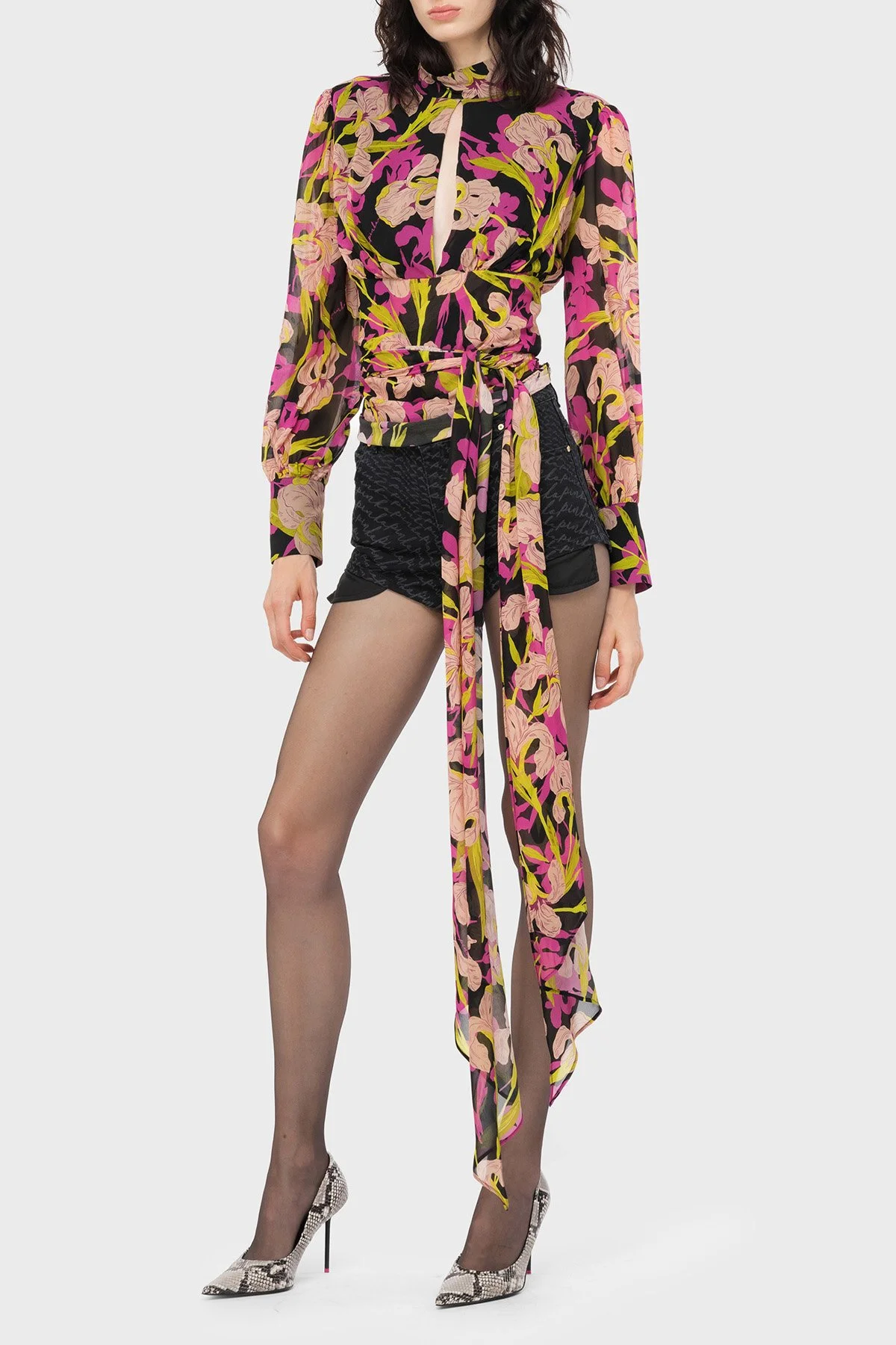 Pinko Çiçek Desenli Dekolteli Belden Bağlamalı Regular Fit Kadın Bluz 101765 A155 ZY5 Pembe-Sarı - 1