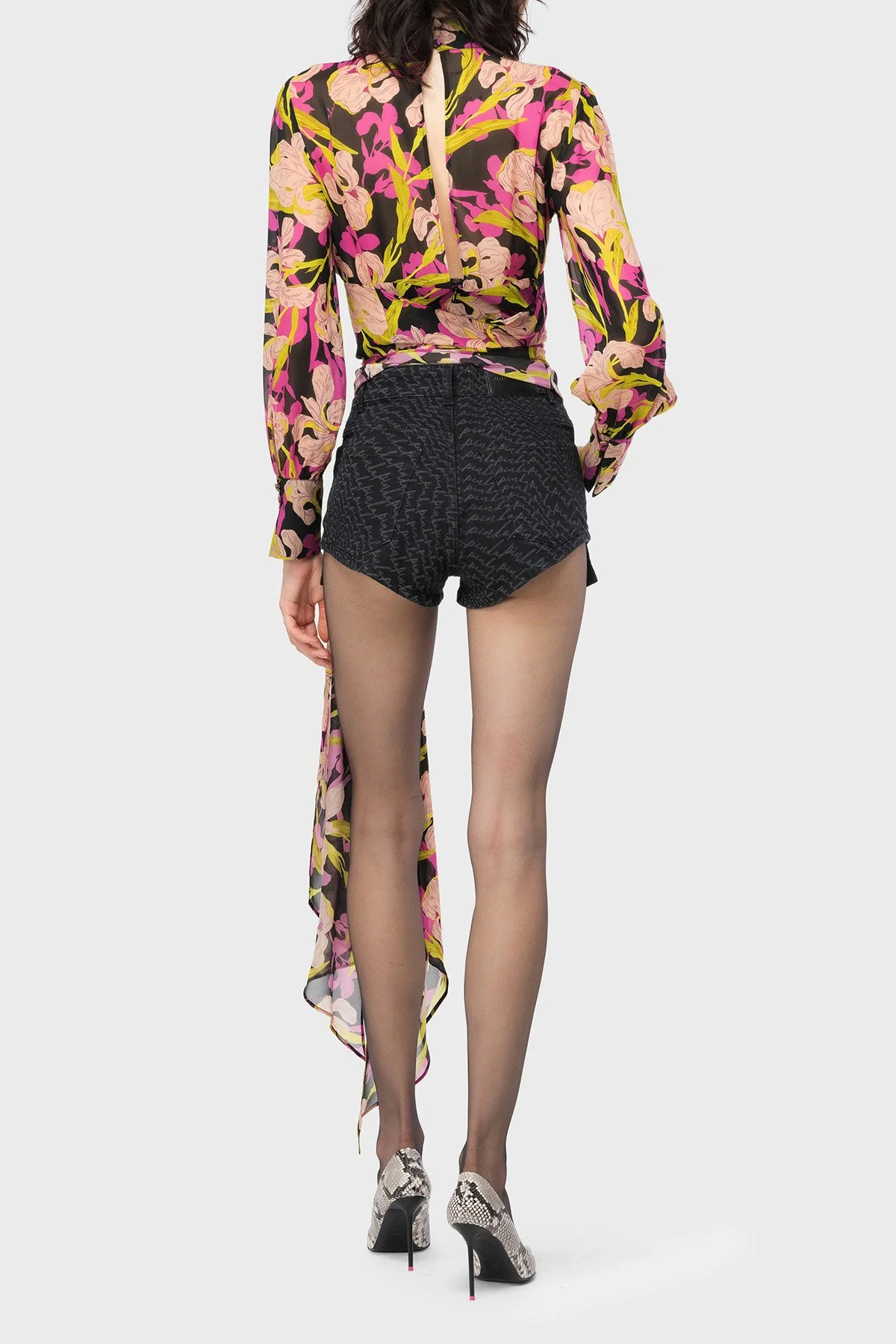 Pinko Çiçek Desenli Dekolteli Belden Bağlamalı Regular Fit Kadın Bluz 101765 A155 ZY5 Pembe-Sarı - 2