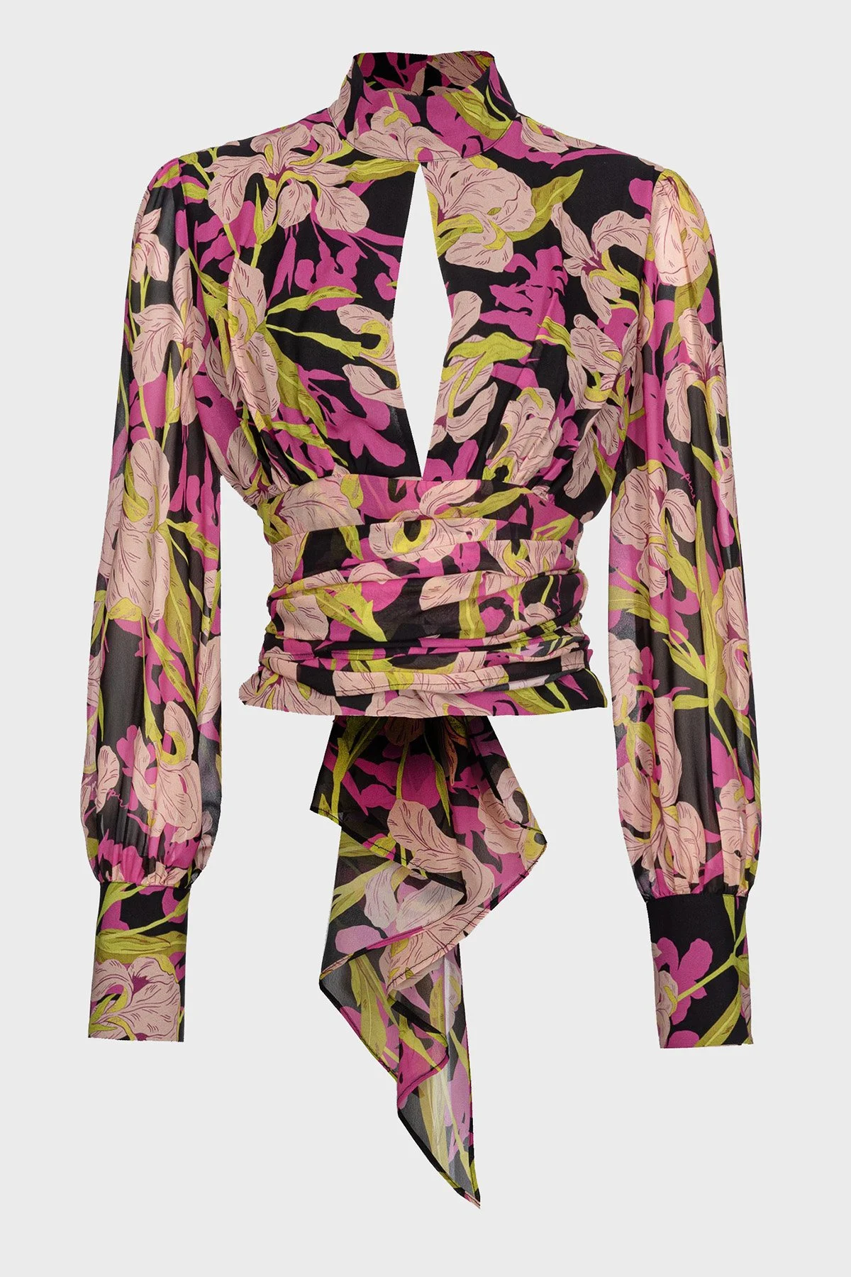 Pinko Çiçek Desenli Dekolteli Belden Bağlamalı Regular Fit Kadın Bluz 101765 A155 ZY5 Pembe-Sarı - 5