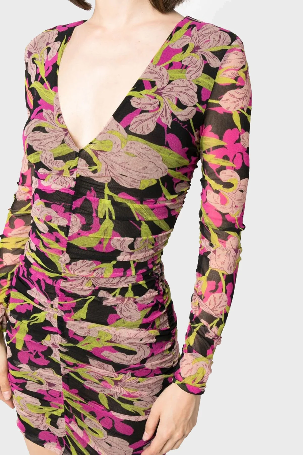Pinko Çiçek Desenli Dekolteli V Yaka Jorjet Mini Kadın Elbise 102057 A153 ZY5 SİYAH-PEMBE - 4