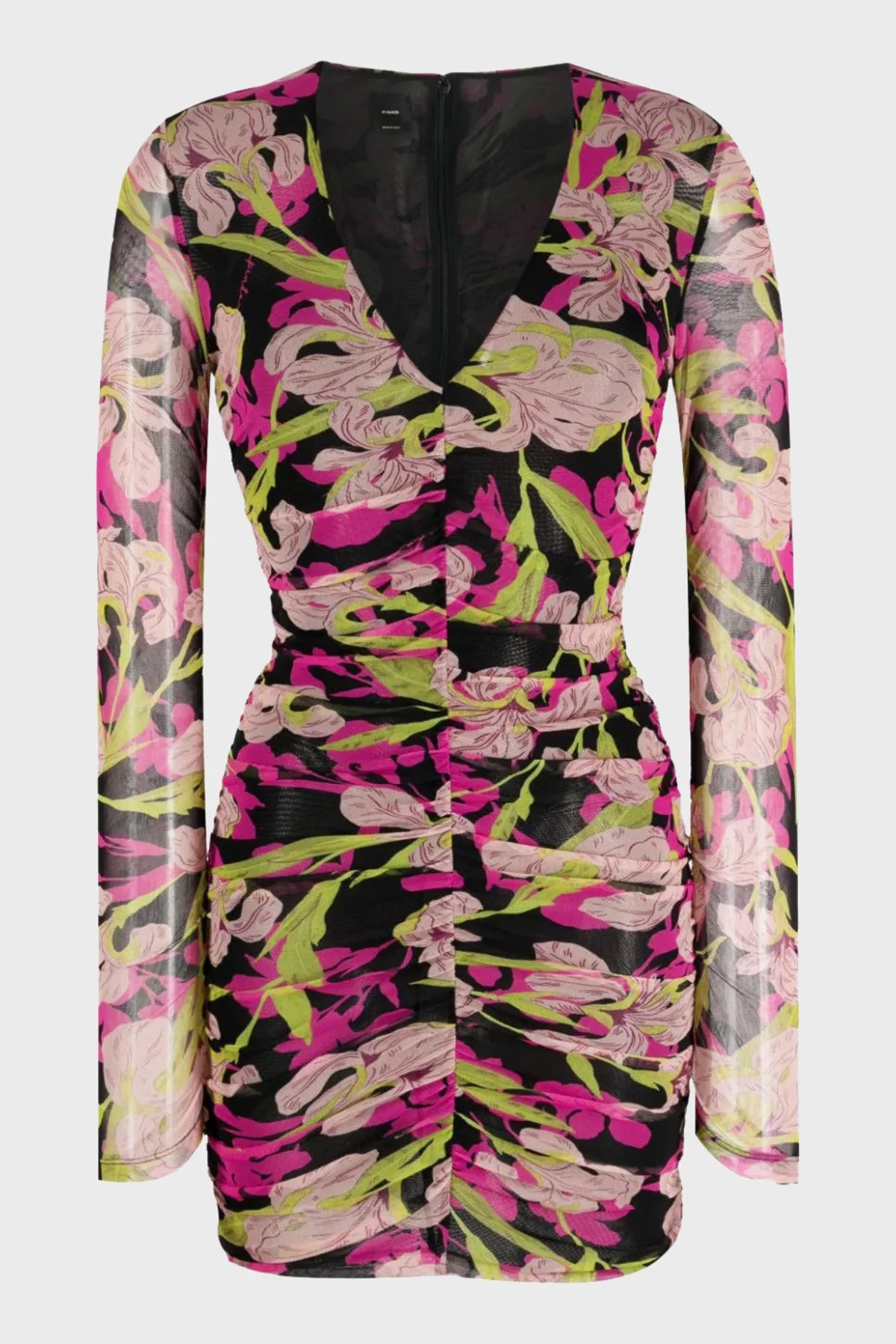 Pinko Çiçek Desenli Dekolteli V Yaka Jorjet Mini Kadın Elbise 102057 A153 ZY5 SİYAH-PEMBE - 5
