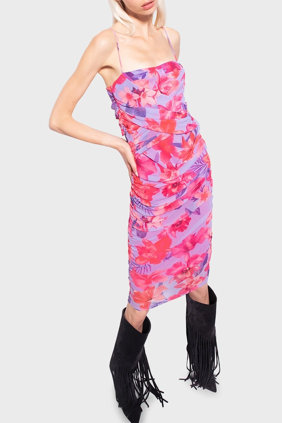 Pinko Çiçek Desenli Drapeli İnce Askılı Mini Bayan Elbise 101129 A0PL YNB PEMBE - 6