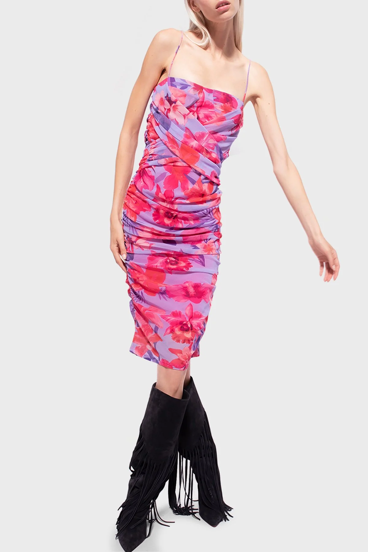 Pinko Çiçek Desenli Drapeli İnce Askılı Mini Kadın Elbise 101129 A0PL YNB PEMBE - 3