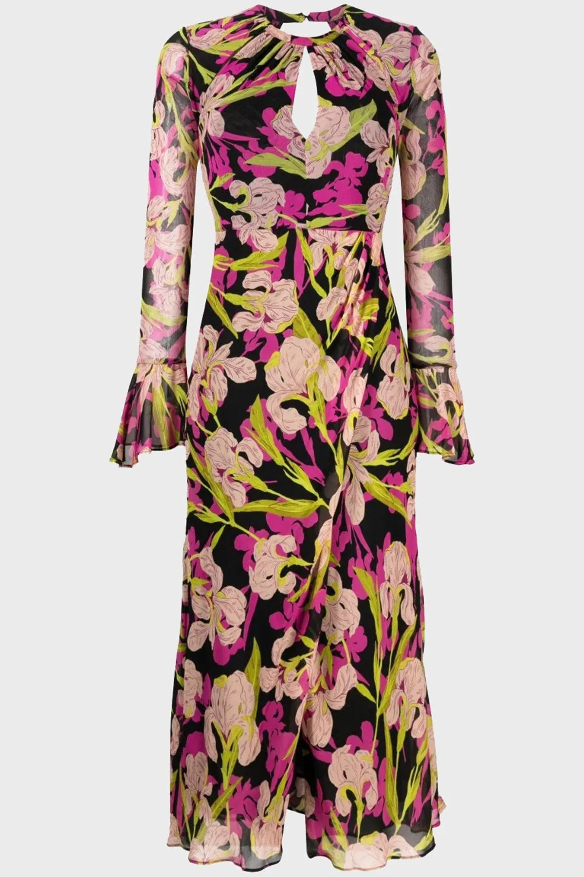 Pinko Çiçek Desenli Fırfırlı Yırtmaçlı Dekolteli Regular Fit Bayan Elbise 101834 A154 ZY5 Pembe-Siyah-Sarı - 4