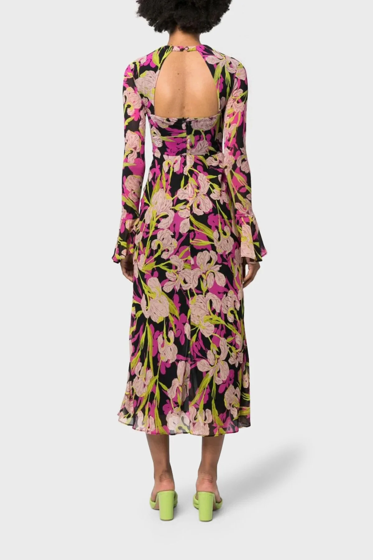 Pinko Çiçek Desenli Fırfırlı Yırtmaçlı Dekolteli Regular Fit Kadın Elbise 101834 A154 ZY5 Pembe-Siyah-Sarı - 2