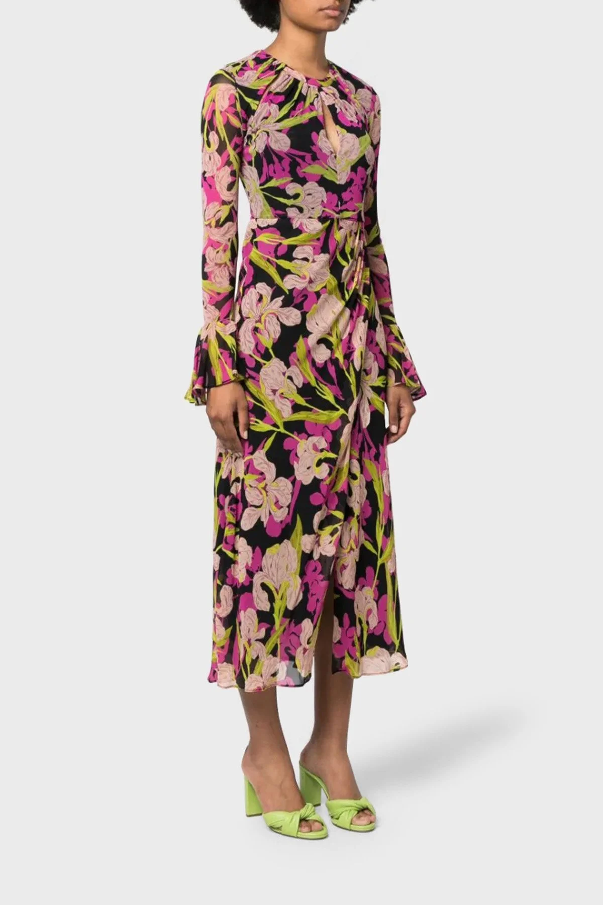 Pinko Çiçek Desenli Fırfırlı Yırtmaçlı Dekolteli Regular Fit Kadın Elbise 101834 A154 ZY5 Pembe-Siyah-Sarı - 3