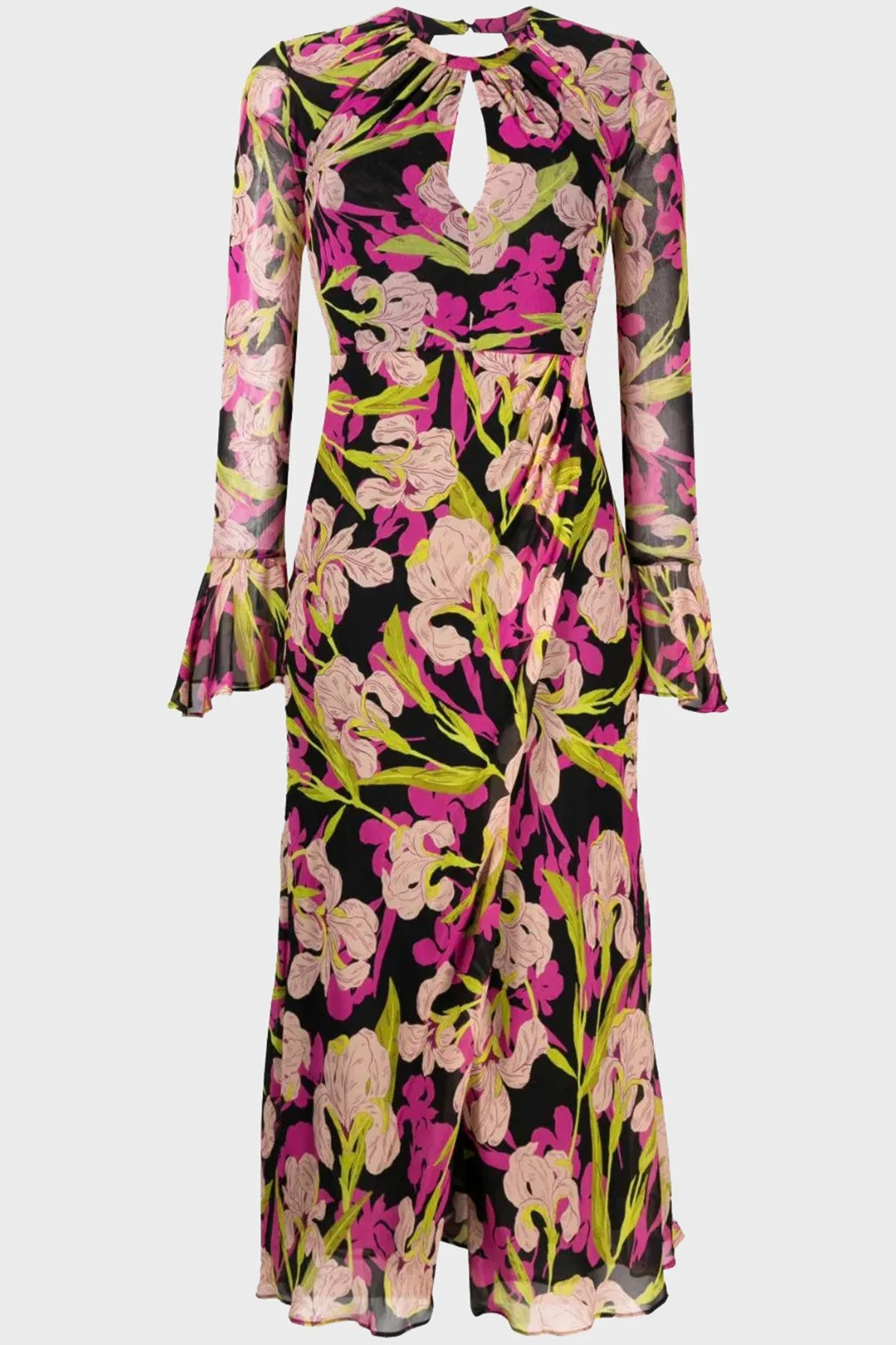 Pinko Çiçek Desenli Fırfırlı Yırtmaçlı Dekolteli Regular Fit Kadın Elbise 101834 A154 ZY5 Pembe-Siyah-Sarı - 4
