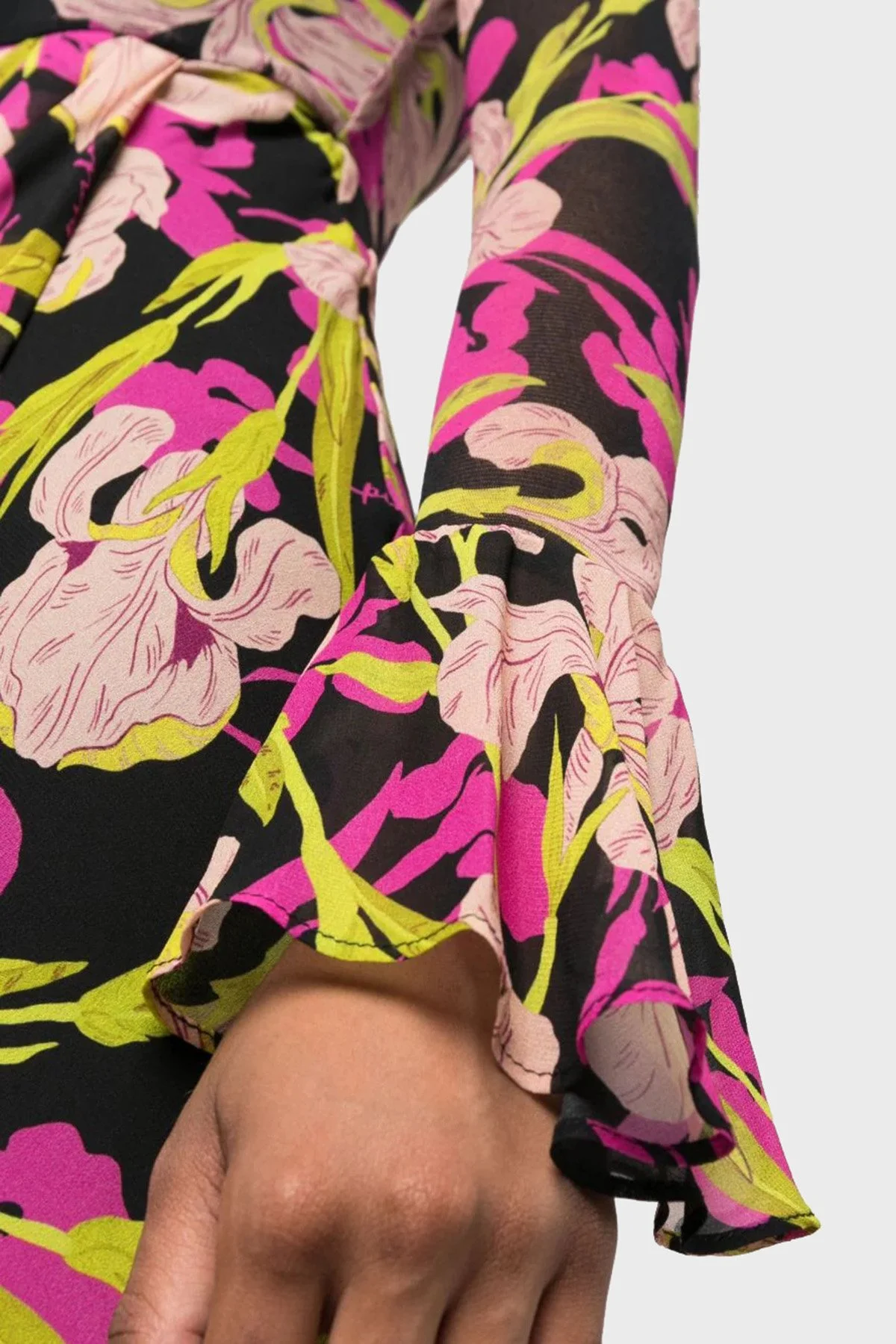 Pinko Çiçek Desenli Fırfırlı Yırtmaçlı Dekolteli Regular Fit Kadın Elbise 101834 A154 ZY5 Pembe-Siyah-Sarı - 5