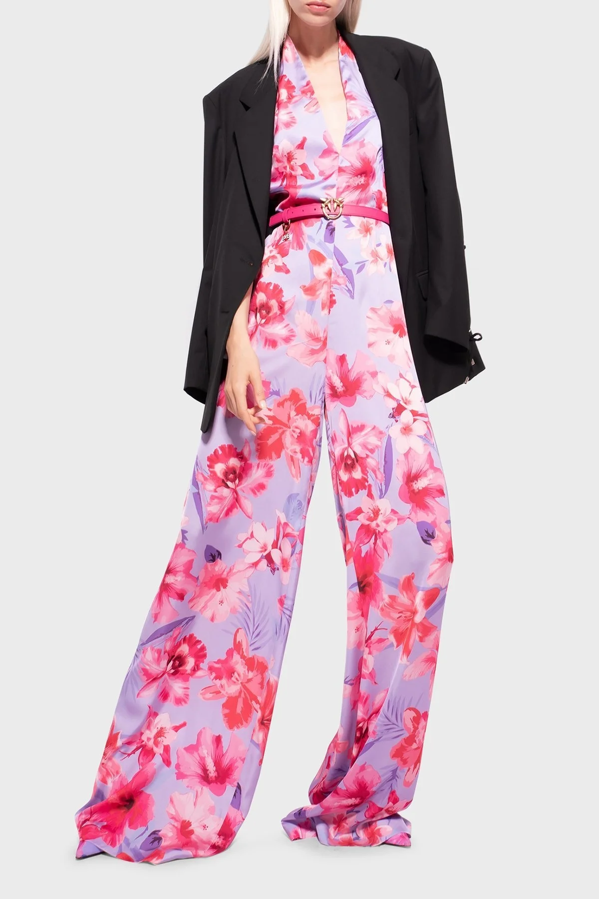 Pinko Çiçek Desenli Halter Yaka Geniş Paça Bayan Tulum 100761 A0M8 YNB LİLA - 4