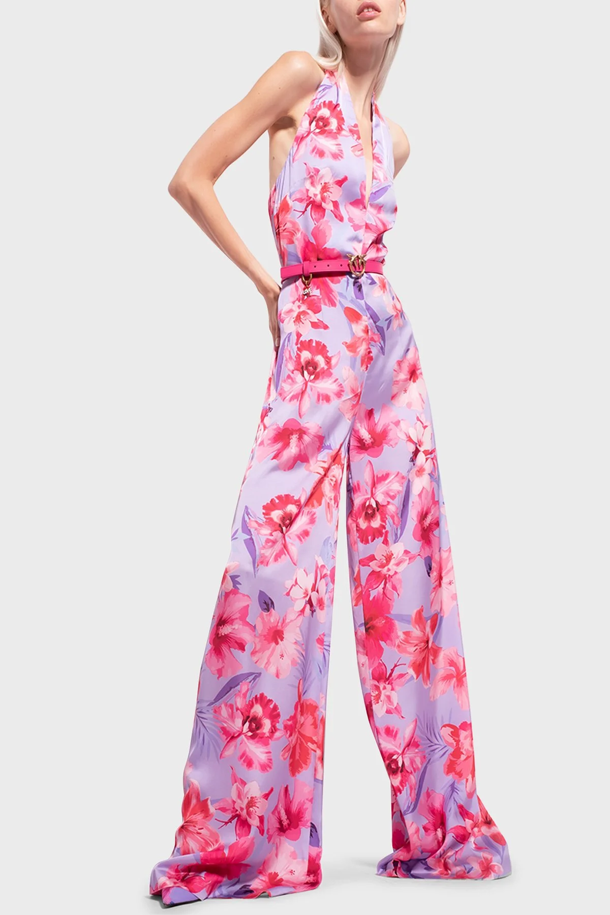Pinko Çiçek Desenli Halter Yaka Geniş Paça Kadın Tulum 100761 A0M8 YNB LİLA - 1