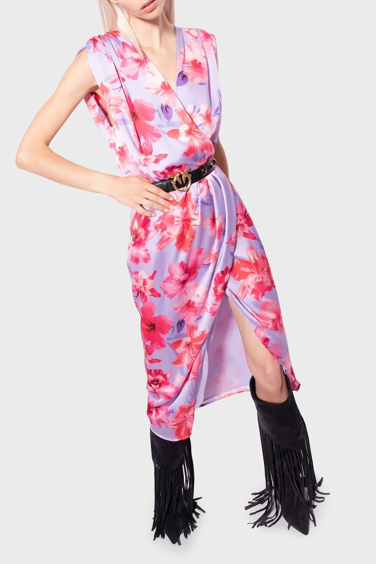 Pinko Çiçek Desenli Kruvaze Regular Fit Bayan Elbise 100942 A0M8 YNB PEMBE - 10