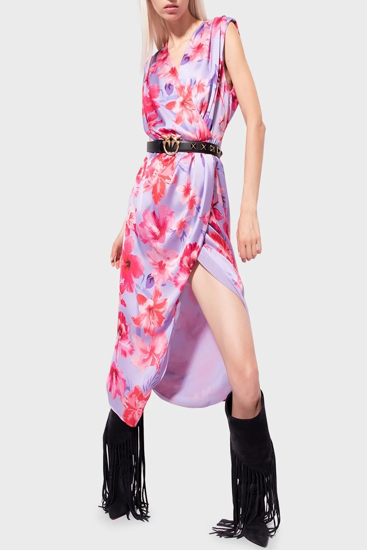 Pinko Çiçek Desenli Kruvaze Regular Fit Bayan Elbise 100942 A0M8 YNB PEMBE - 12