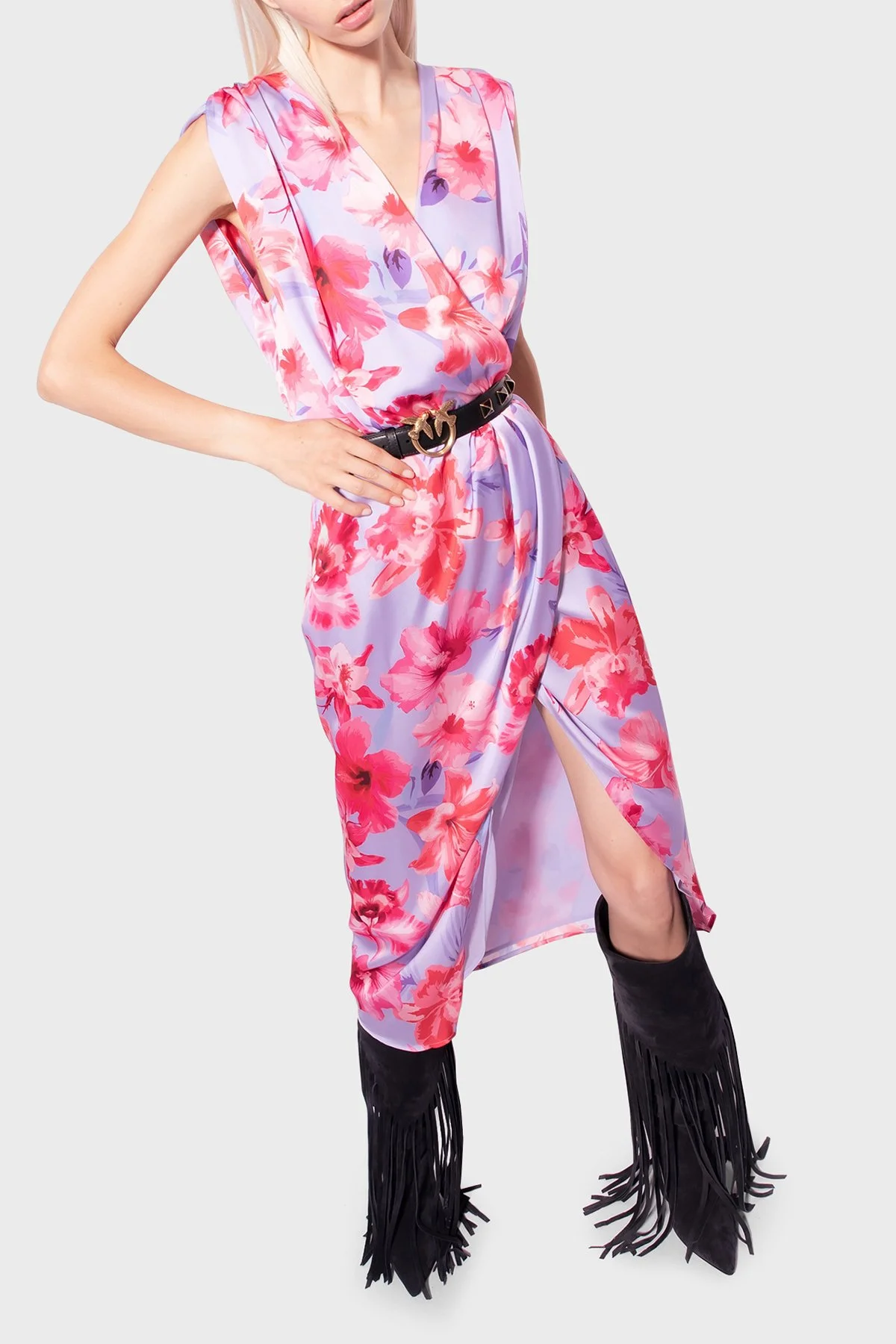 Pinko Çiçek Desenli Kruvaze Regular Fit Kadın Elbise 100942 A0M8 YNB PEMBE - 3