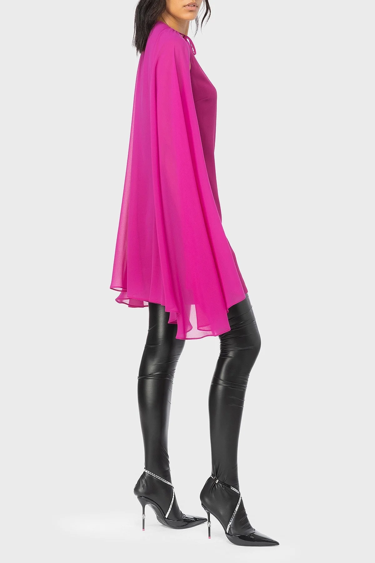 Pinko Çıkarılabilir Jorjet Pelerinli Streç Krep Kumaş Sıfır Kol Mini Bayan Elbise 101815 A160 VIB FUŞYA - 8