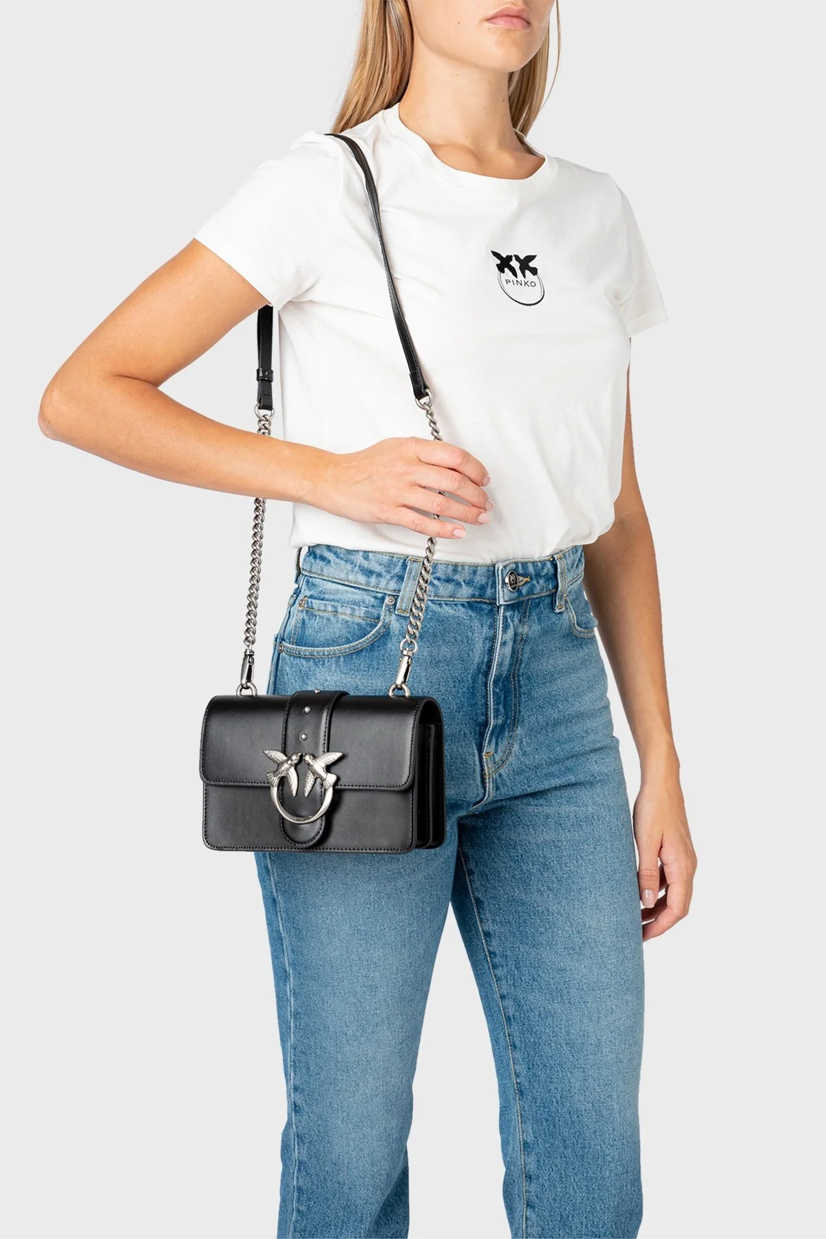 Pinko Çıkarılabilir Zincir Askılı % 100 Deri Bayan Çanta 1P22TZ Y5H7 Z99O SİYAH - 2