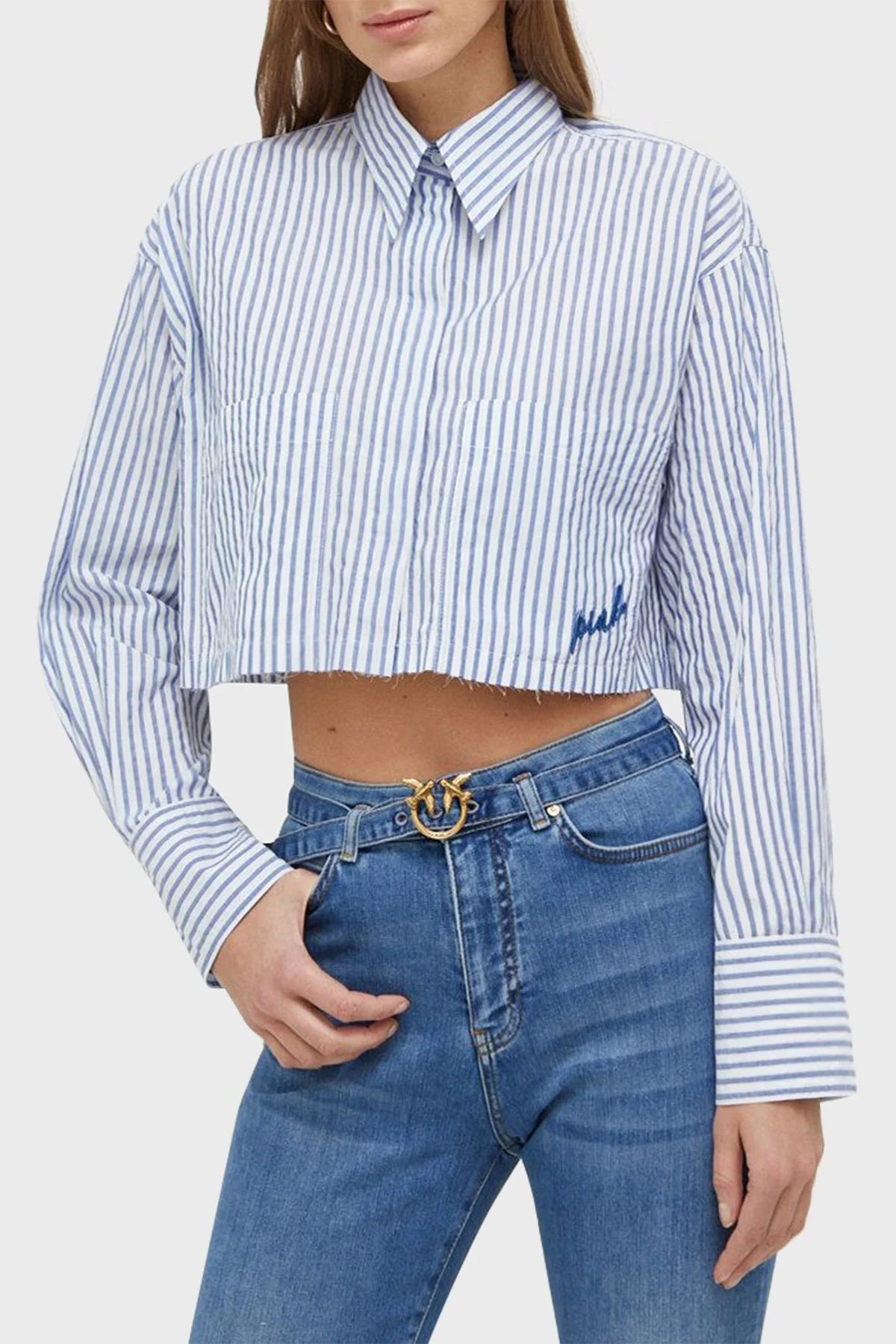 Pinko Çizgili Pamuklu Cepli Crop Bayan Gömlek 103060A1OMZE5 MAVİ-BEYAZ - 6
