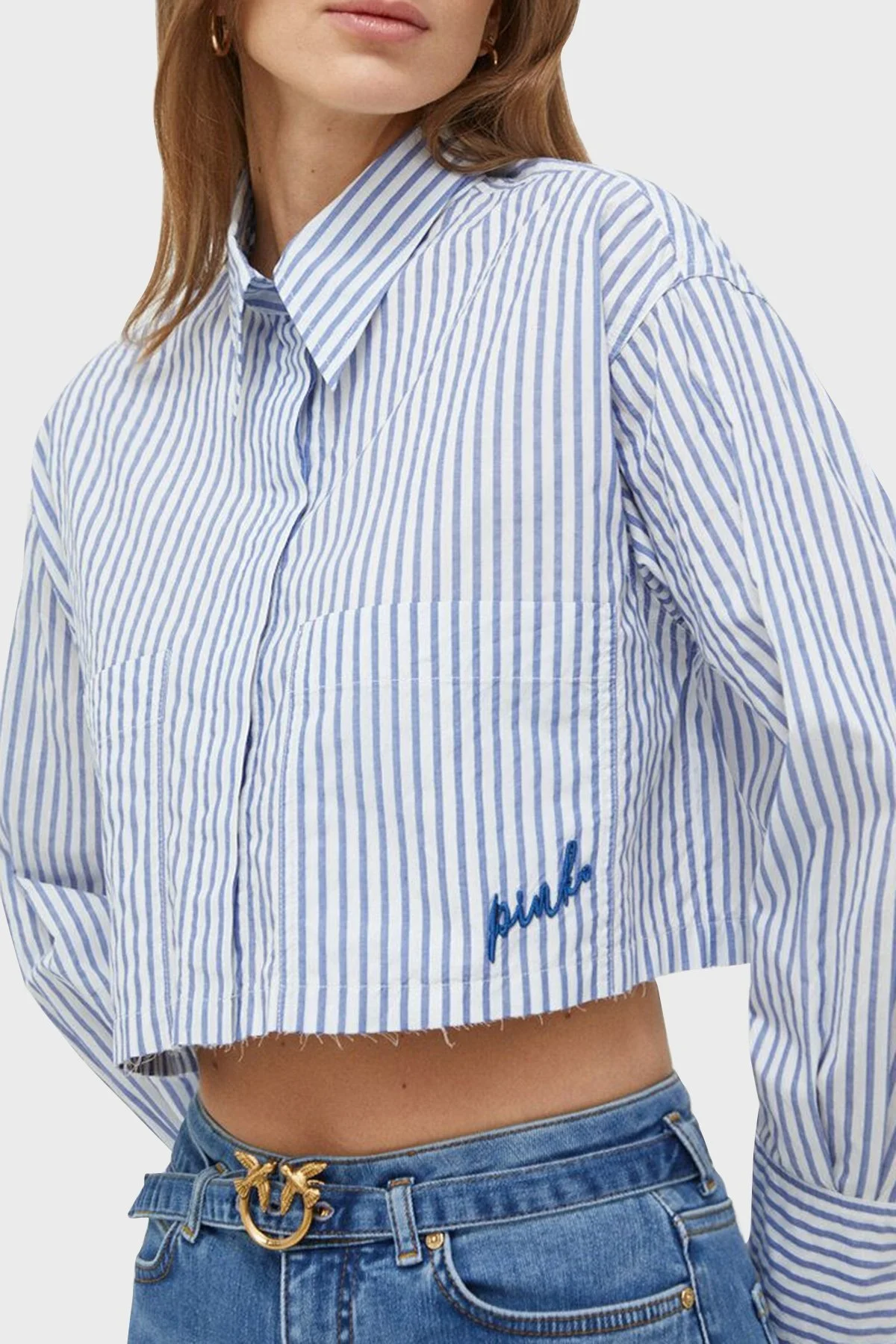 Pinko Çizgili Pamuklu Cepli Crop Bayan Gömlek 103060A1OMZE5 MAVİ-BEYAZ - 7