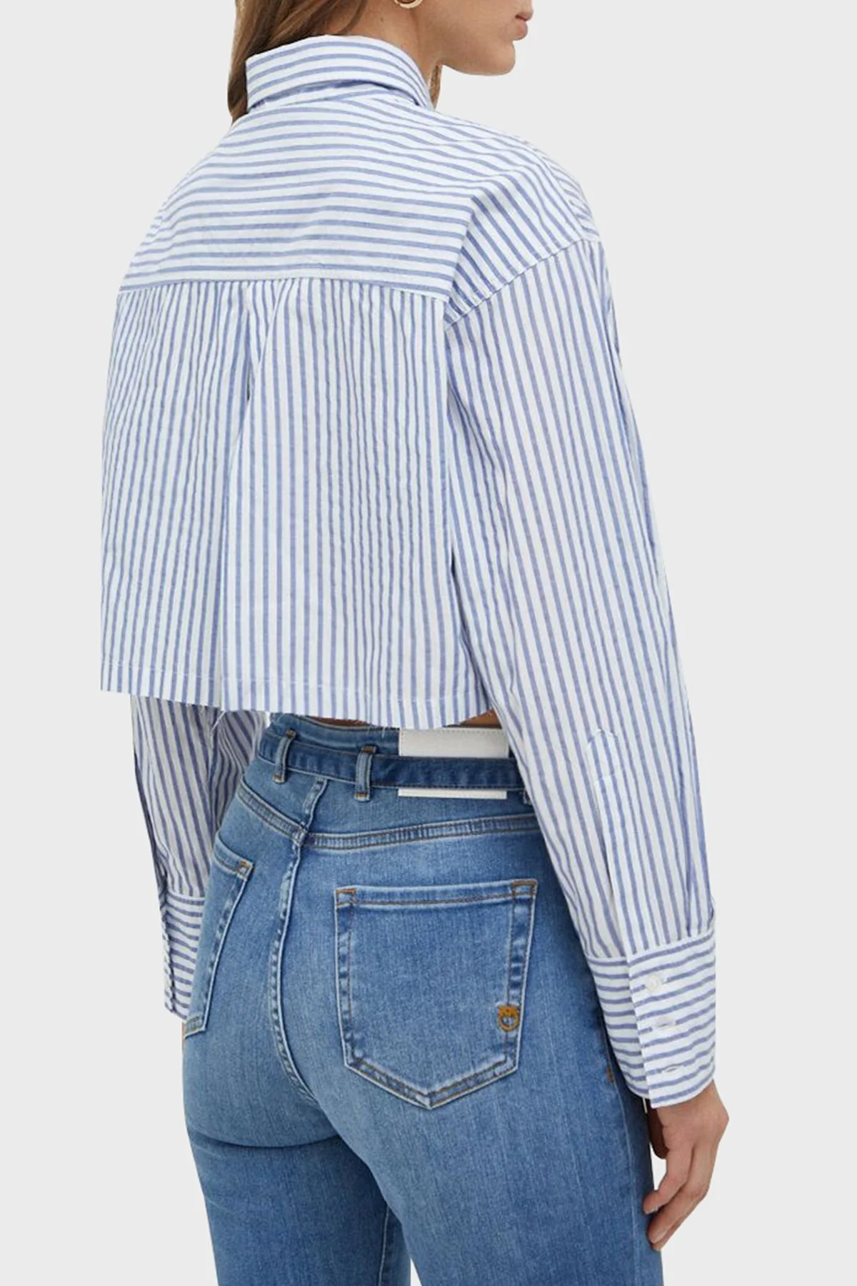 Pinko Çizgili Pamuklu Cepli Crop Bayan Gömlek 103060A1OMZE5 MAVİ-BEYAZ - 8