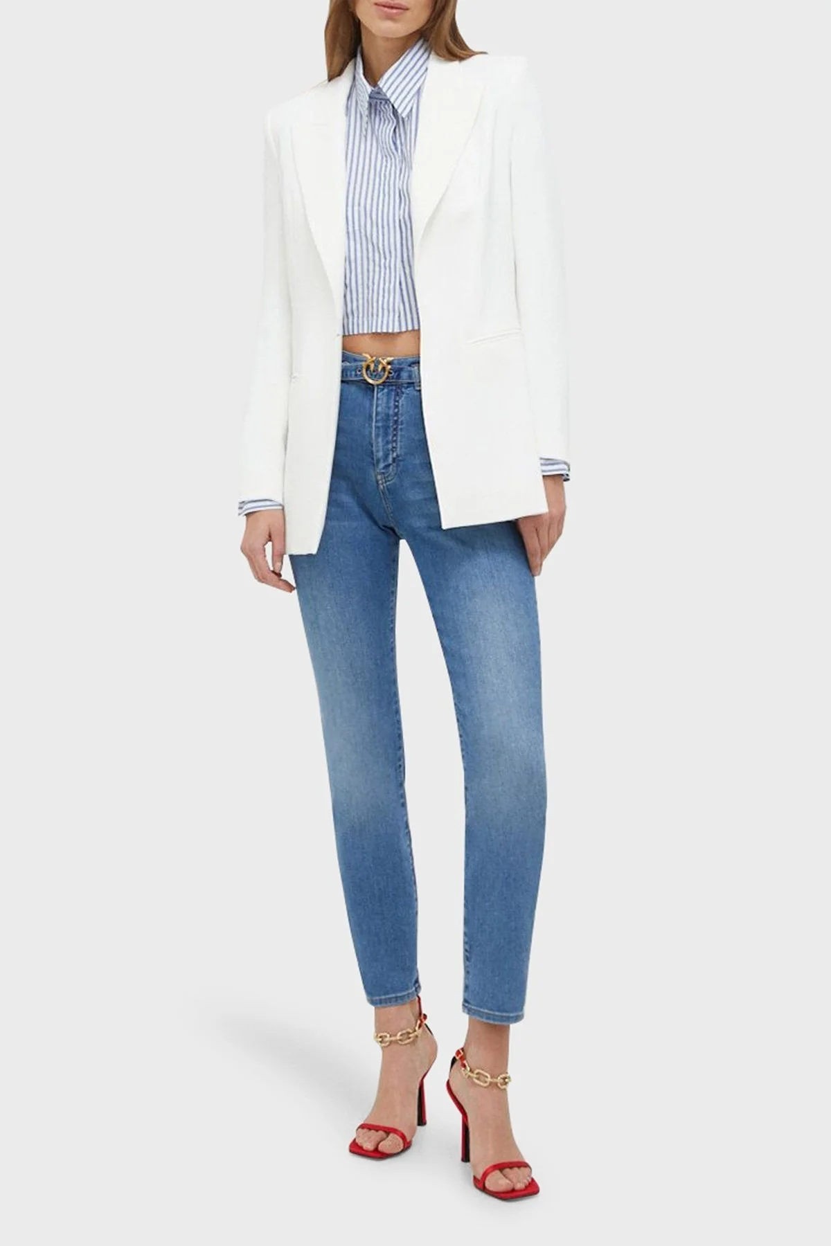 Pinko Çizgili Pamuklu Cepli Crop Bayan Gömlek 103060A1OMZE5 MAVİ-BEYAZ - 9