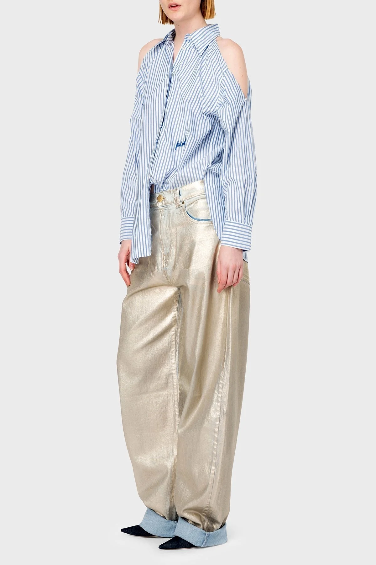 Pinko Çizgili Pamuklu Oversize Fit Omuzları Açık Bayan Gömlek 103058A1OMZE5 MAVİ-BEYAZ - 7