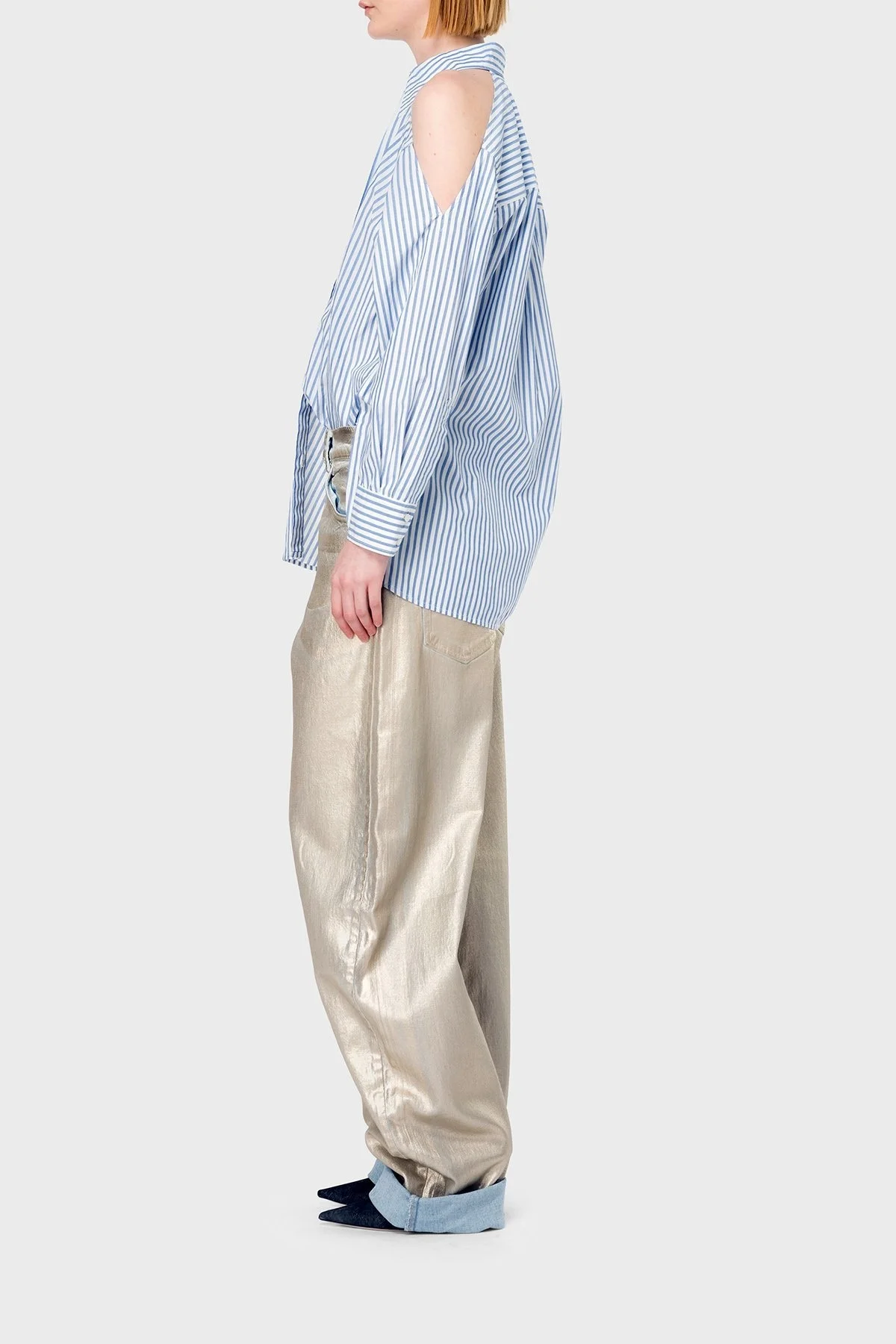 Pinko Çizgili Pamuklu Oversize Fit Omuzları Açık Bayan Gömlek 103058A1OMZE5 MAVİ-BEYAZ - 8