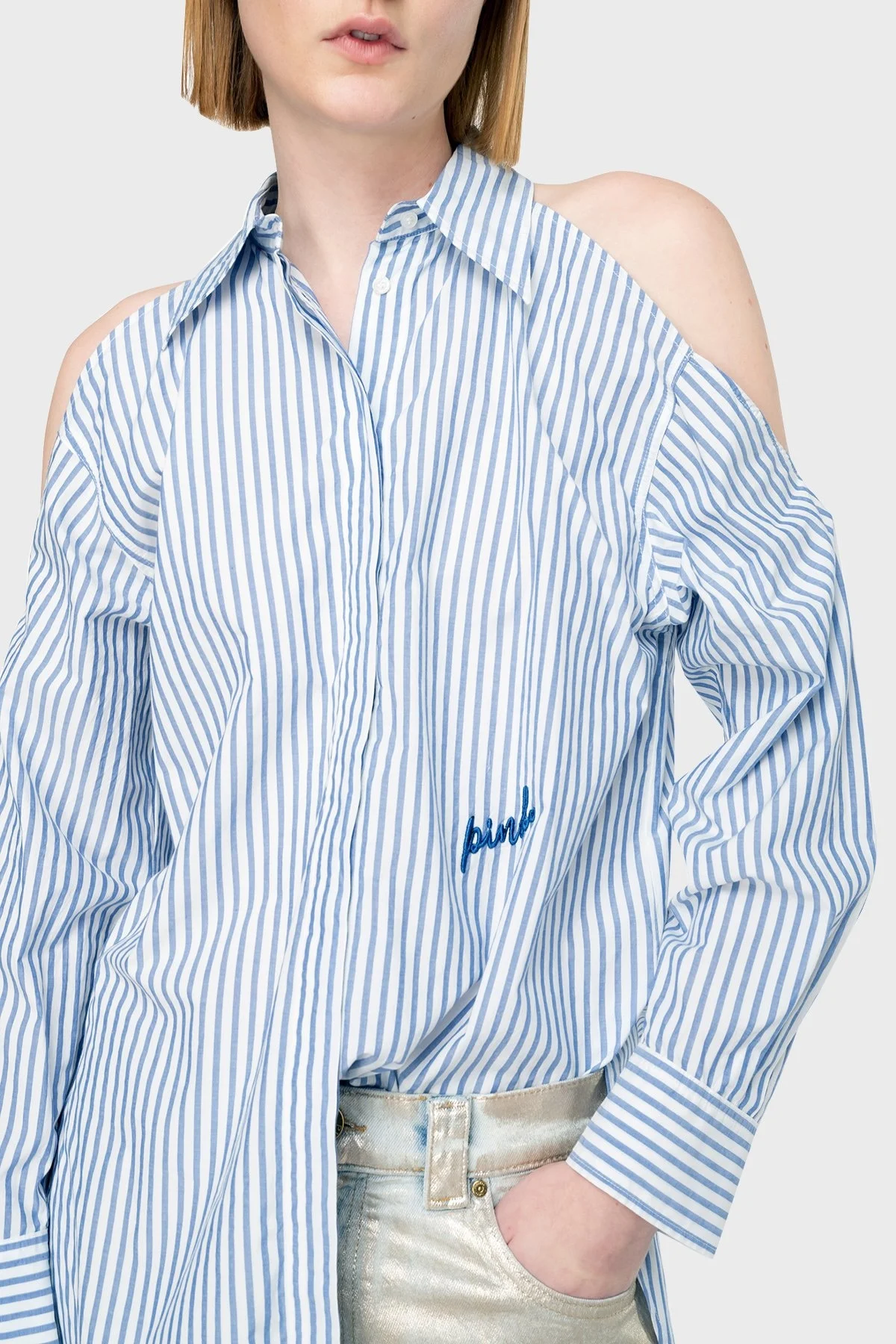 Pinko Çizgili Pamuklu Oversize Fit Omuzları Açık Bayan Gömlek 103058A1OMZE5 MAVİ-BEYAZ - 9