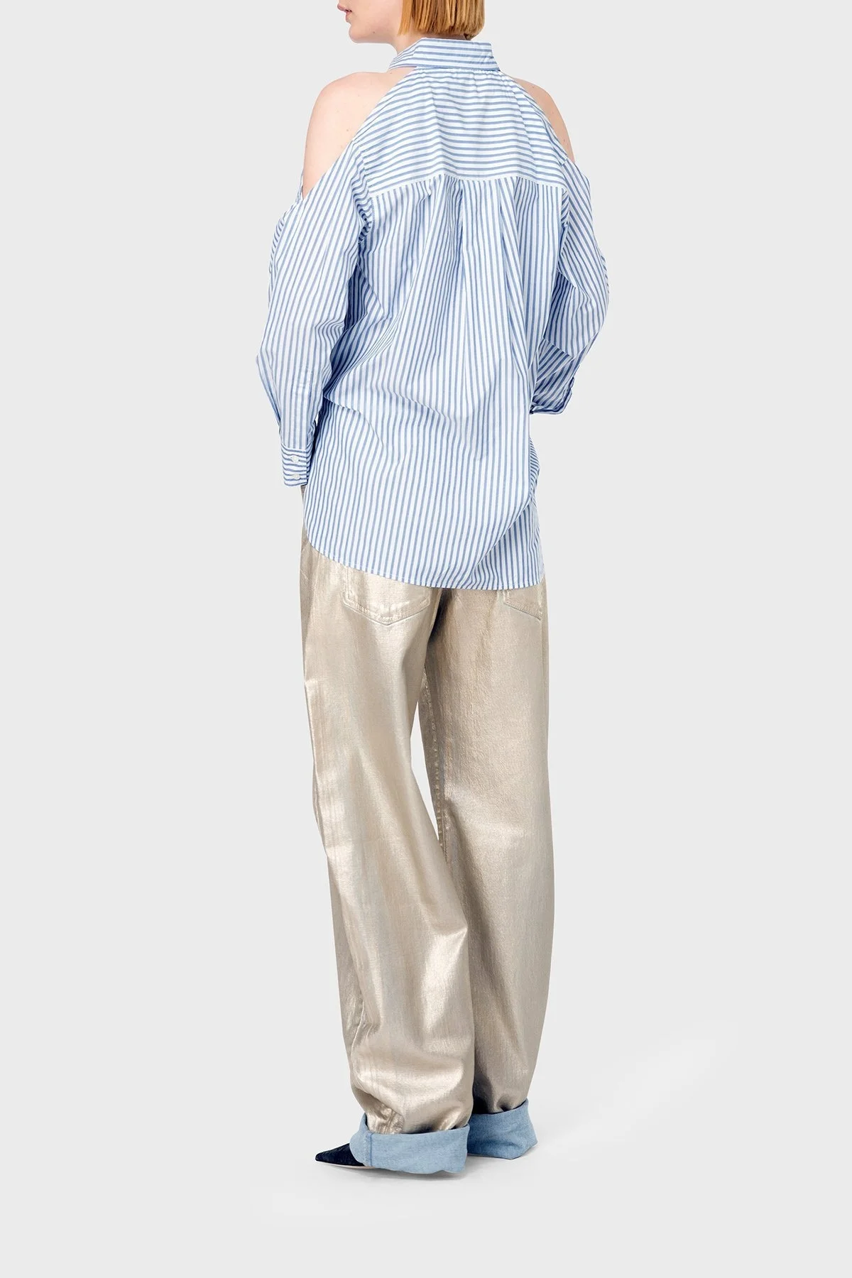 Pinko Çizgili Pamuklu Oversize Fit Omuzları Açık Bayan Gömlek 103058A1OMZE5 MAVİ-BEYAZ - 10