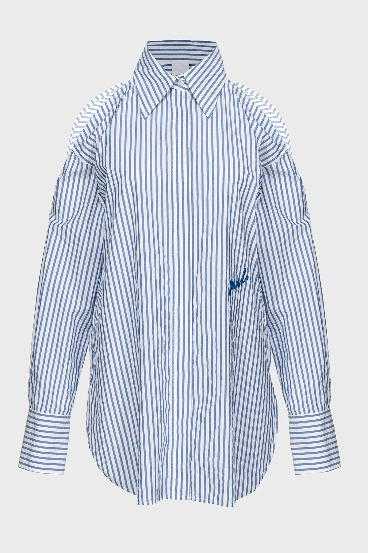 Pinko Çizgili Pamuklu Oversize Fit Omuzları Açık Bayan Gömlek 103058A1OMZE5 MAVİ-BEYAZ - 11