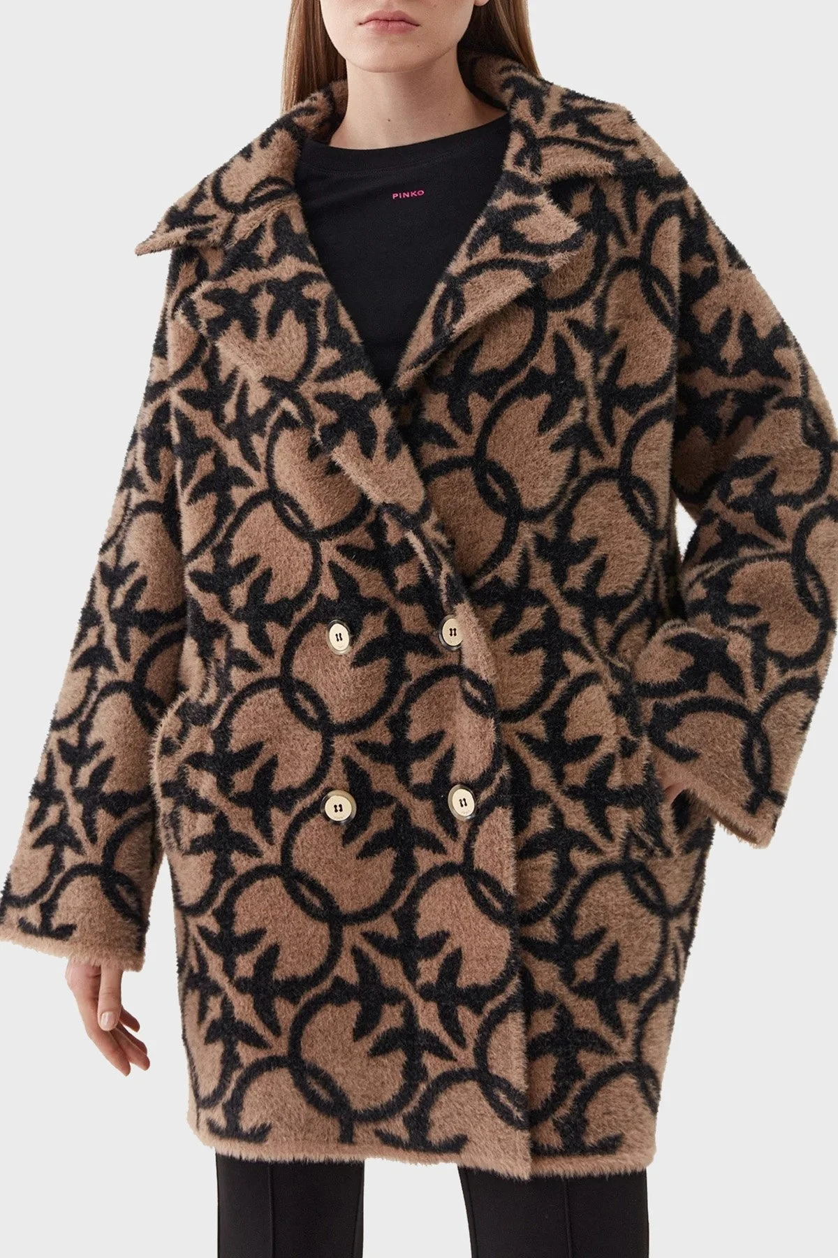 Pinko Düğmeli Cepli Mono Yaka Regular Fit Kruvaze Bayan Kaban 101573 A116 CZ3 KAHVE-SİYAH - 1