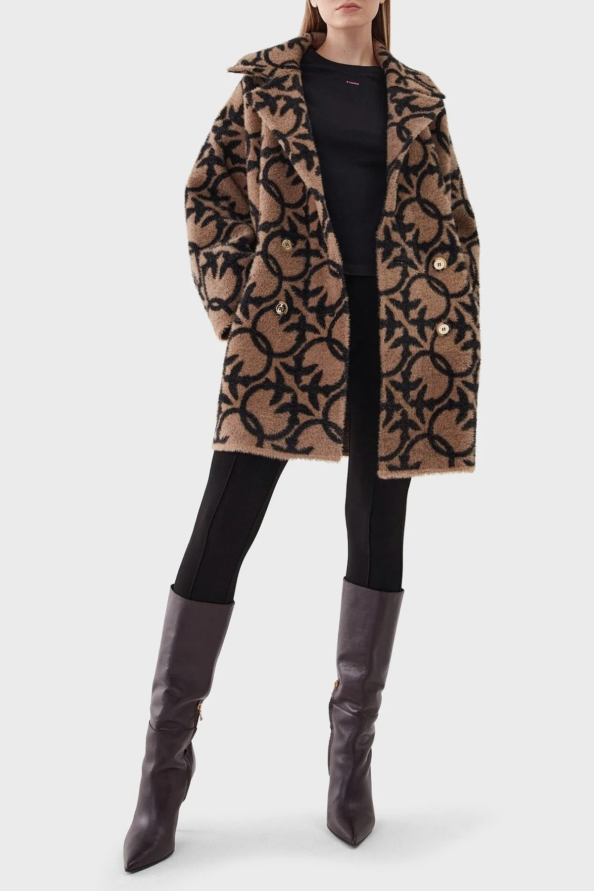Pinko Düğmeli Cepli Mono Yaka Regular Fit Kruvaze Bayan Kaban 101573 A116 CZ3 KAHVE-SİYAH - 2