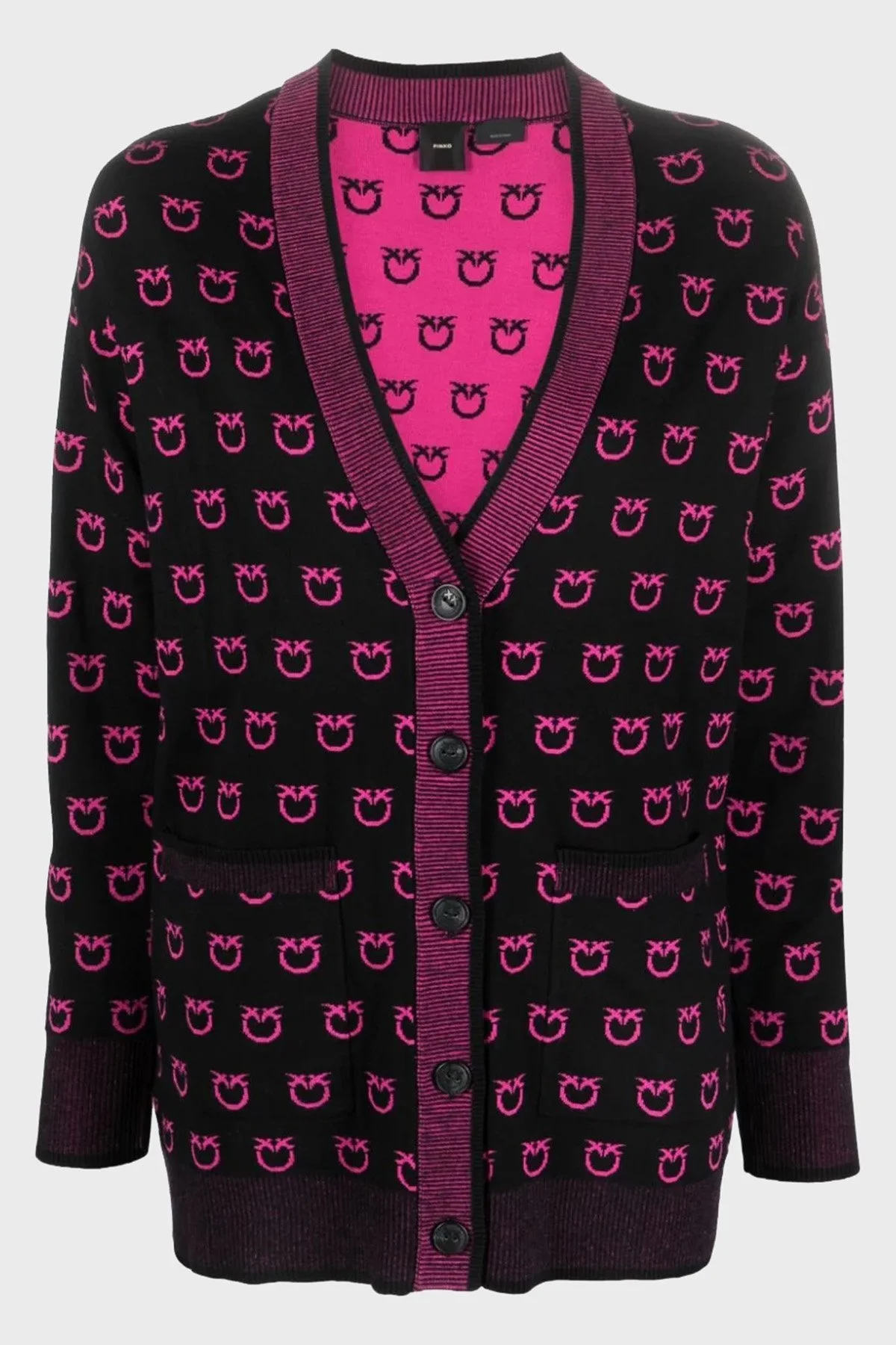 Pinko Düğmeli V Yaka Çift Cepli Logo Desenli Relaxed Fit Bayan Hırka 101562 A112 ZW1 SİYAH-PEMBE - 12
