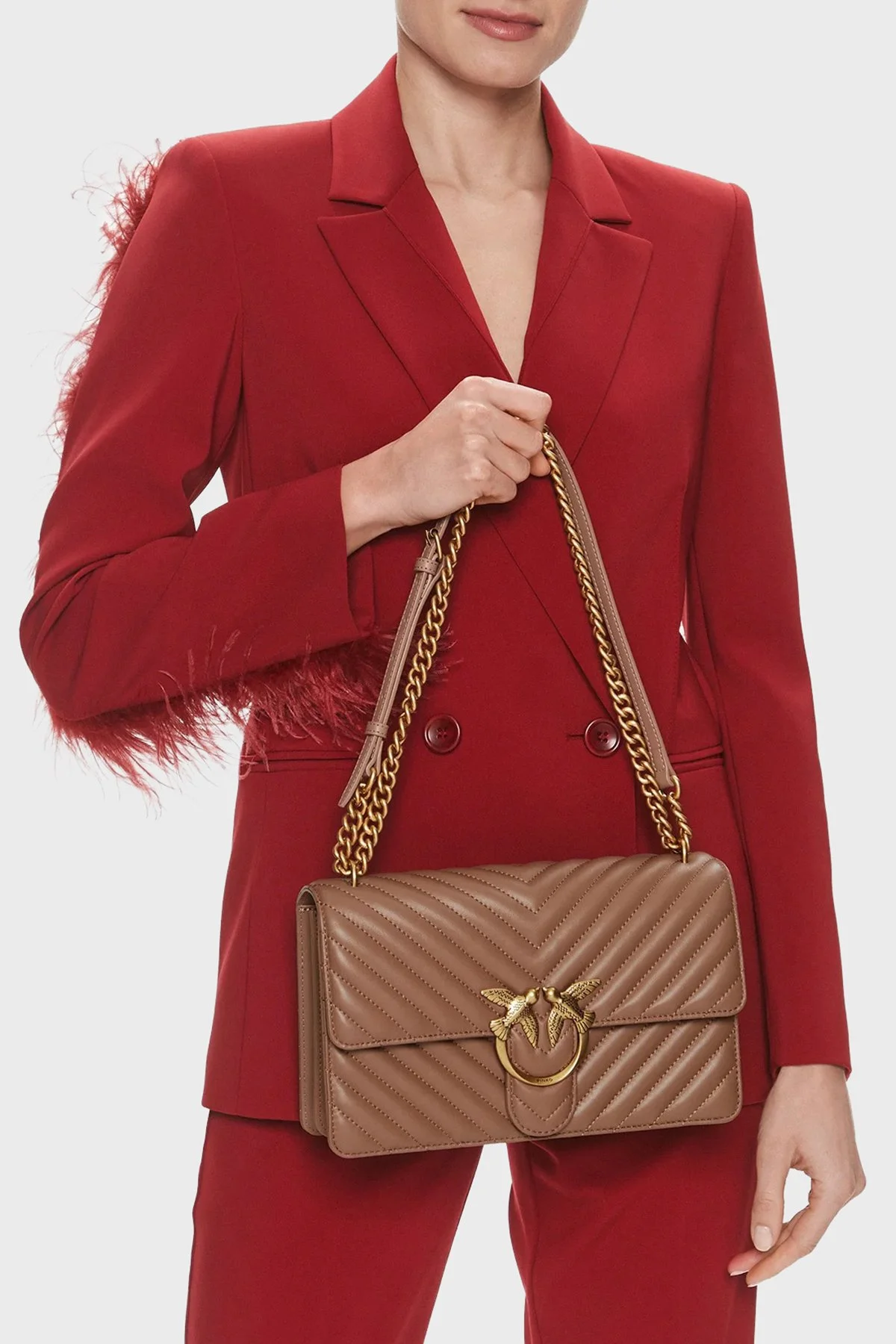 Pinko Hakiki Deri Ayarlanabilir Zincir Askılı Bayan Çanta 100941 A0GK D01Q KAHVE - 2