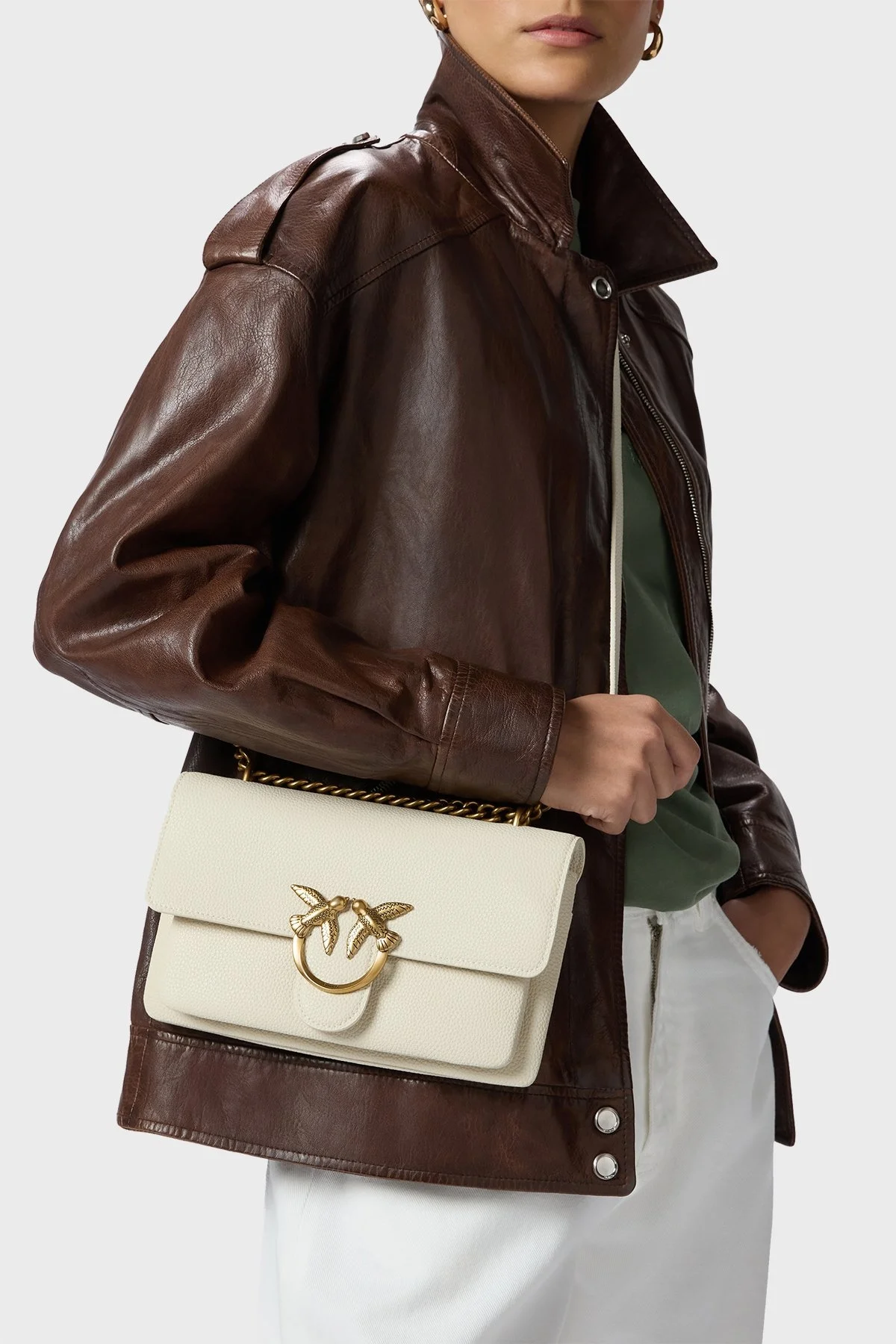 Pinko Hakiki Deri Ayarlanabilir Zincir Askılı Bayan Çanta 104528 A29Q Z14Q EKRU - 2