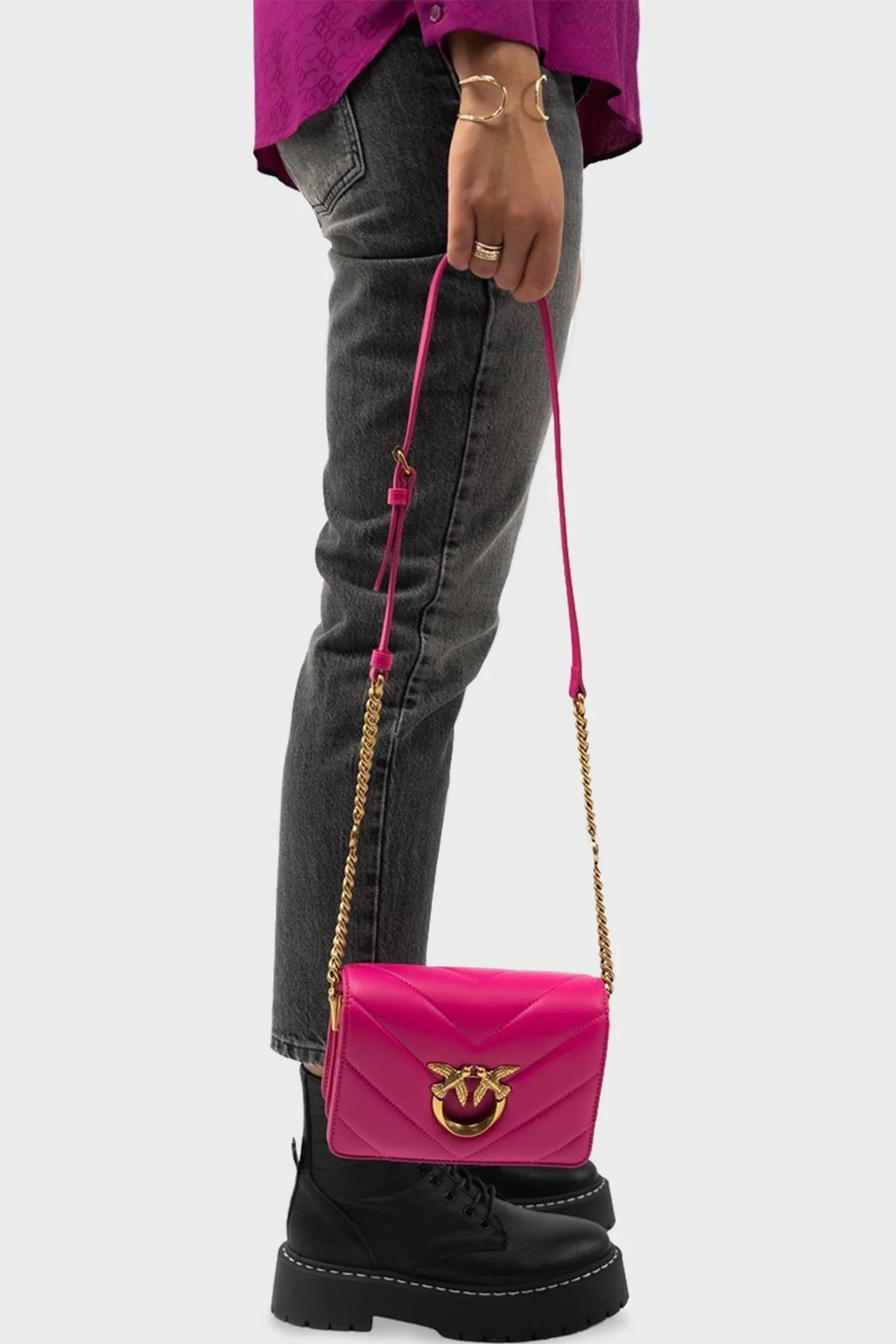Pinko Hakiki Deri Ayarlanabilir Zincirli Omuz Askılı Bayan Çanta 100067 A136 N17Q FUŞYA - 3