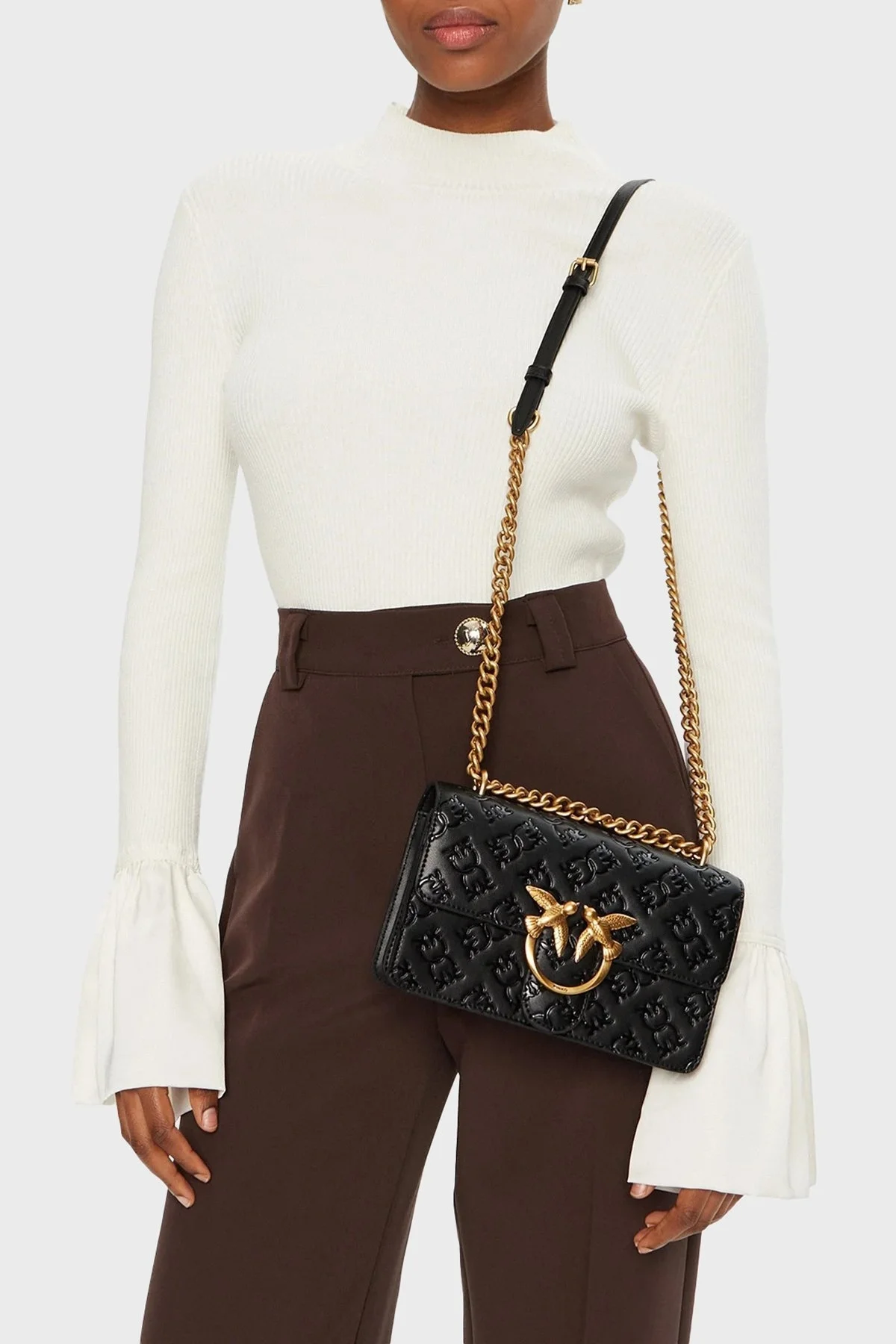 Pinko Kabartmalı Logo Baskılı Ayarlanabilir Askılı Bayan Çanta 100074 A1YB Z99Q SİYAH - 7