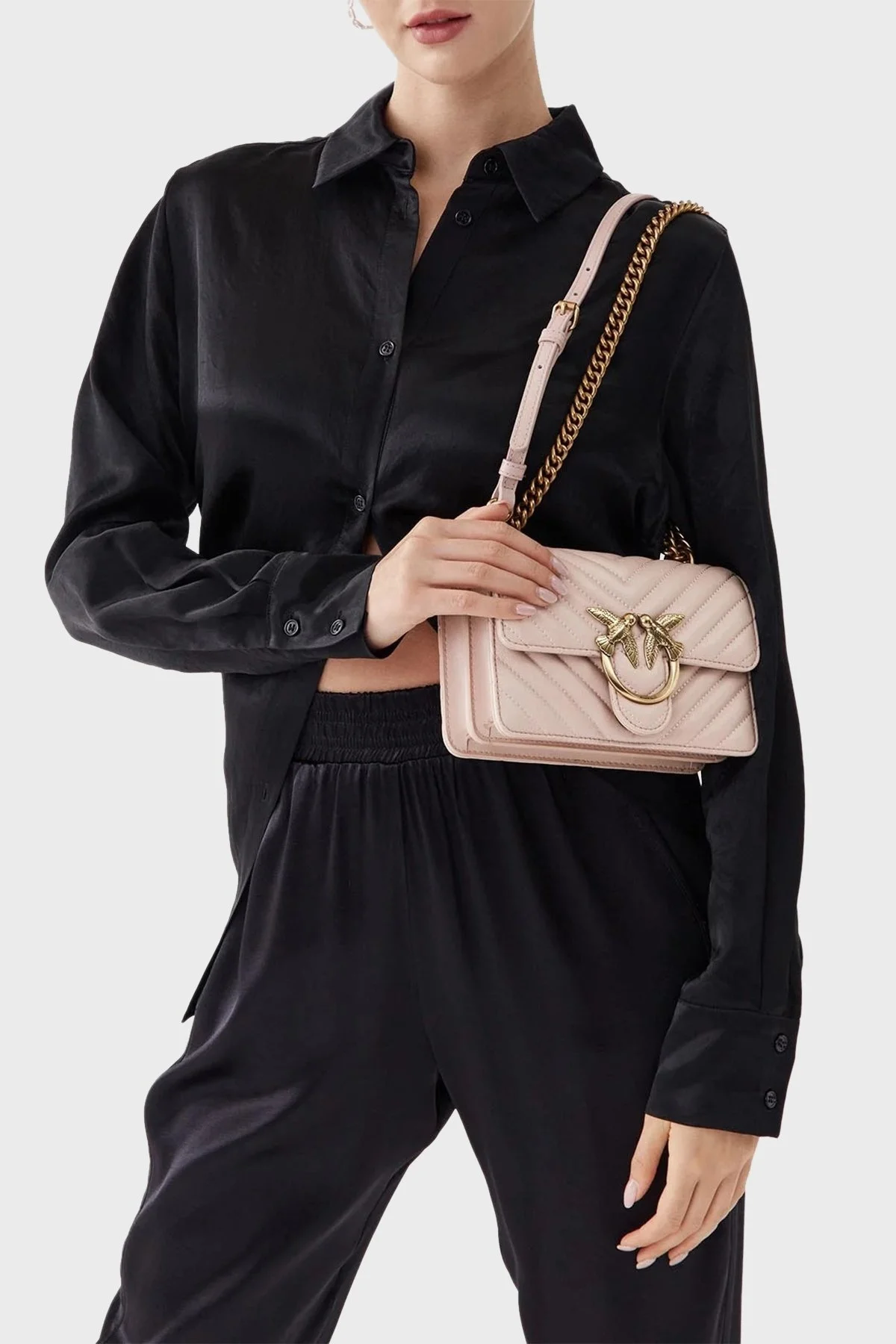 Pinko Kapitoneli Hakiki Deri Ayarlanabilir Zincir Askılı Bayan Çanta 100074 A0GK O81Q PUDRA - 7