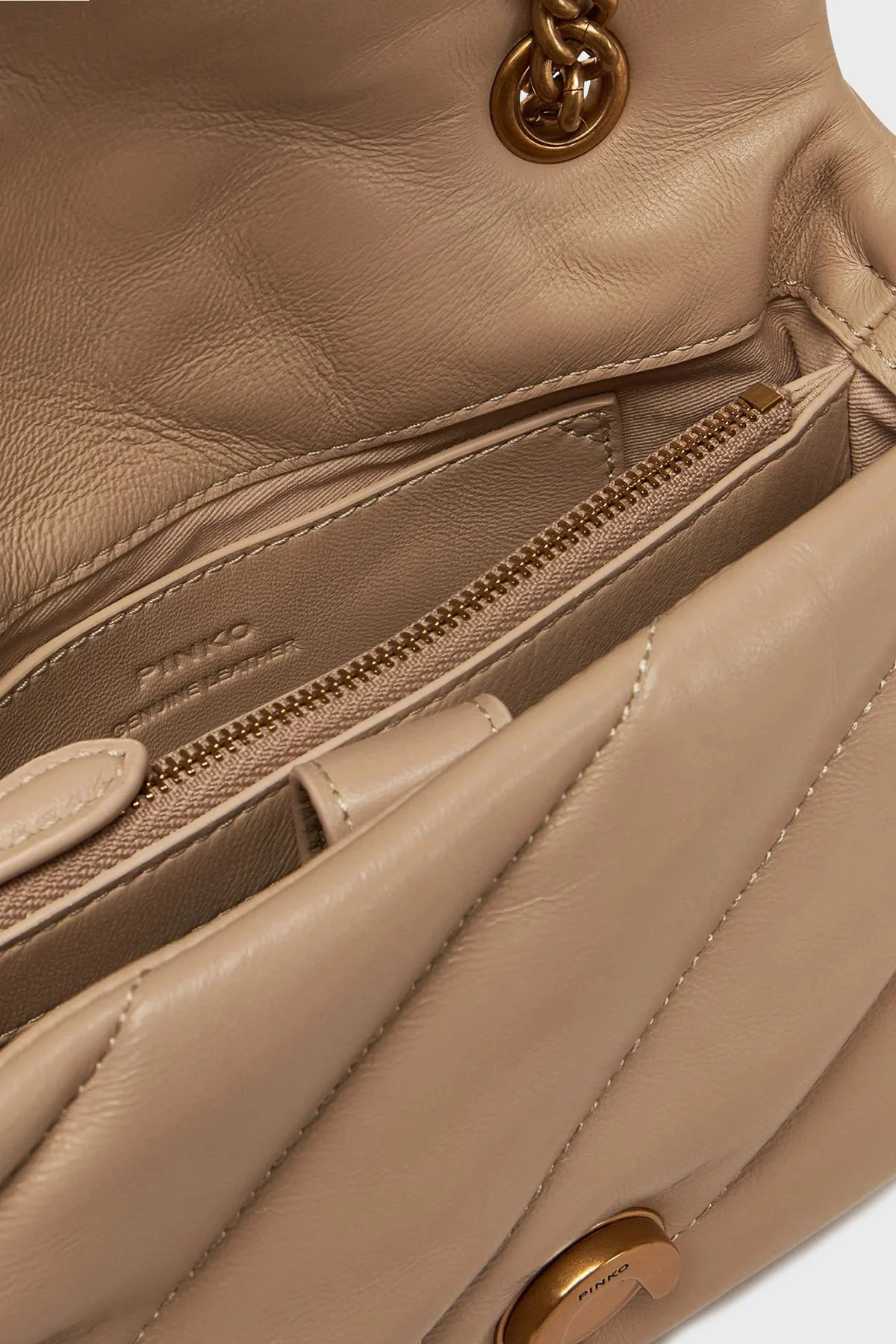 Pinko Kapitoneli Hakiki Deri Zincir Askılı Bayan Çanta 100039 A0F2 C50Q BEJ - 5