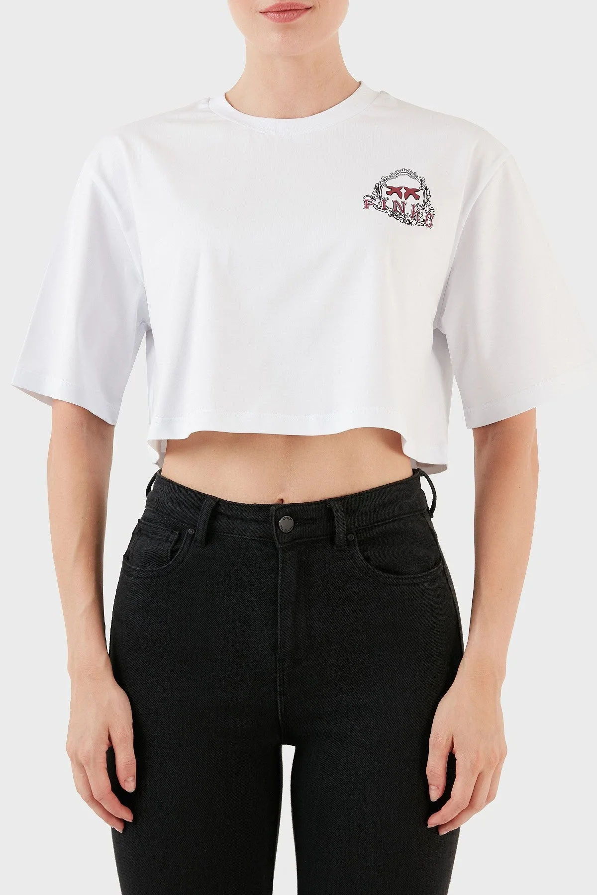 Pinko Logo Baskılı Bisiklet Yaka % 100 Pamuk Hafif Oversize Top Bayan T Shirt 101768 A13O Z09 BEYAZ - 1