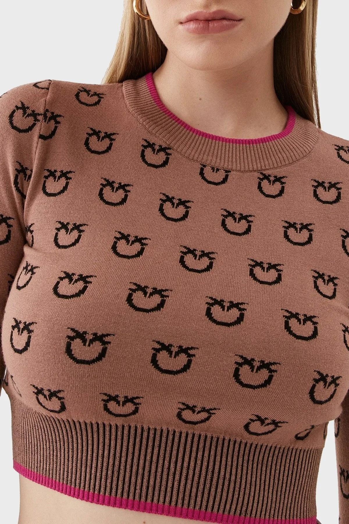 Pinko Logo Desen Baskılı Uzun Kollu Regular Fit Crop Bayan Sweat 101561 A112 CZ3 KAHVE - 4