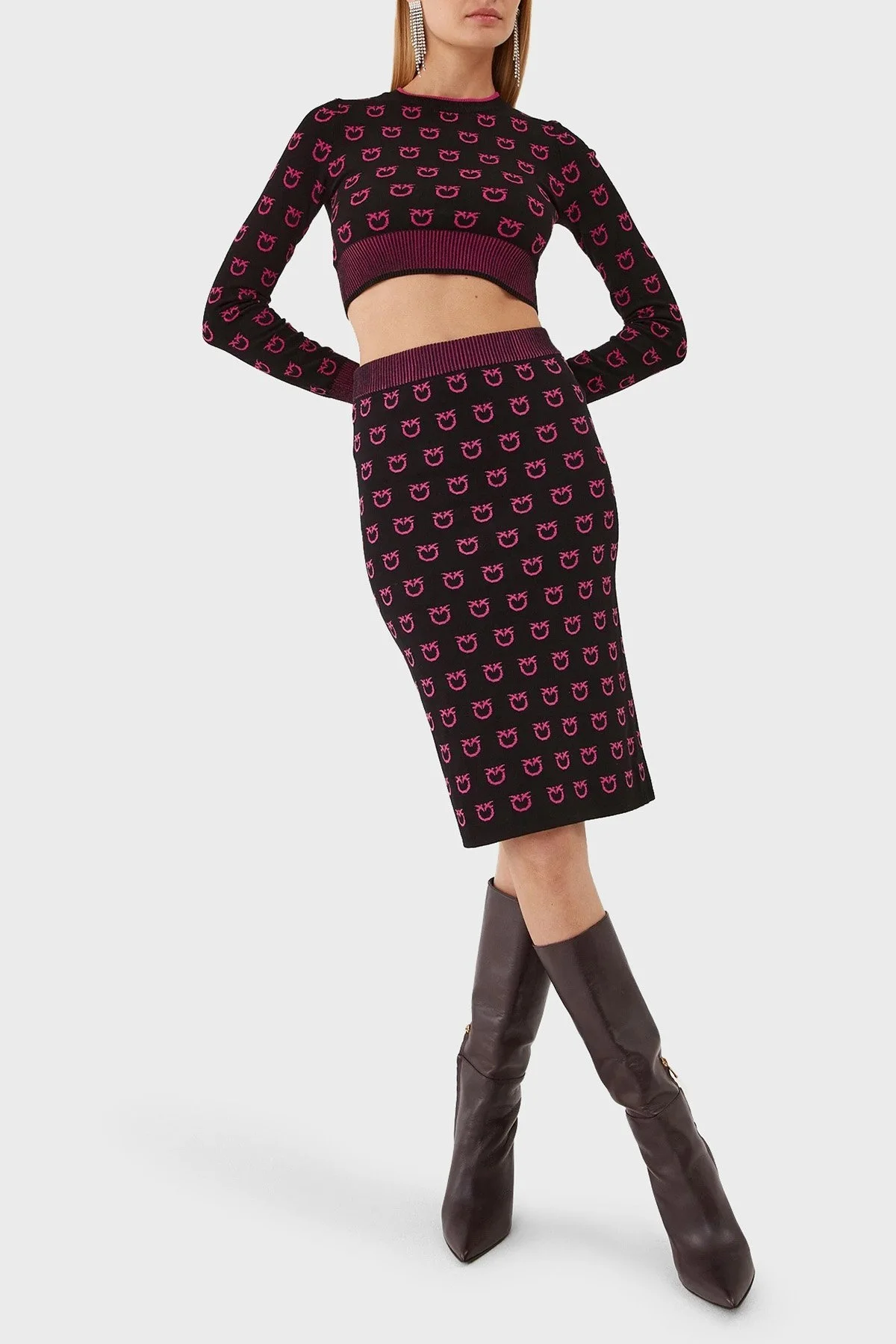 Pinko Logo Desen Baskılı Uzun Kollu Regular Fit Crop Bayan Sweat 101561 A112 ZW1 SİYAH-PEMBE - 3