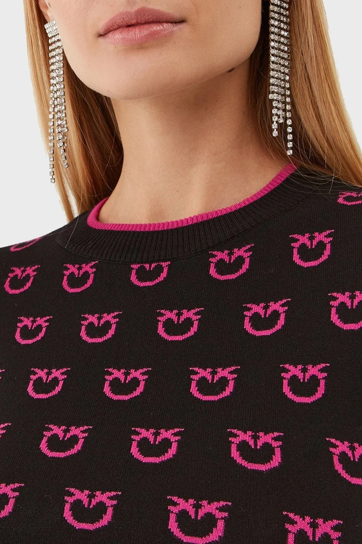 Pinko Logo Desen Baskılı Uzun Kollu Regular Fit Crop Bayan Sweat 101561 A112 ZW1 SİYAH-PEMBE - 4