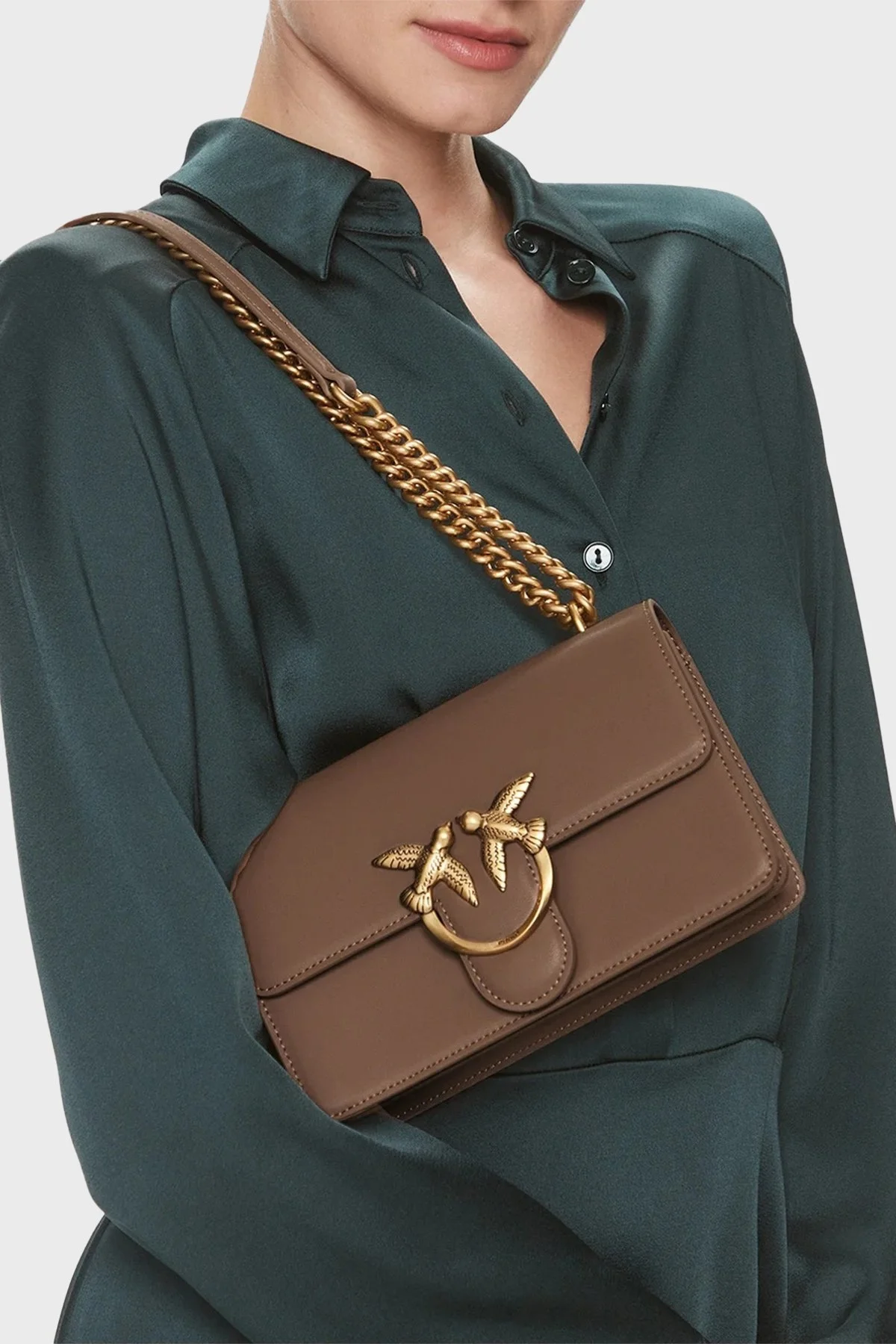 Pinko Logolu Ayarlanabilir Zincir Askılı Bayan Çanta 100074 A0F1 D01Q KAHVE - 7