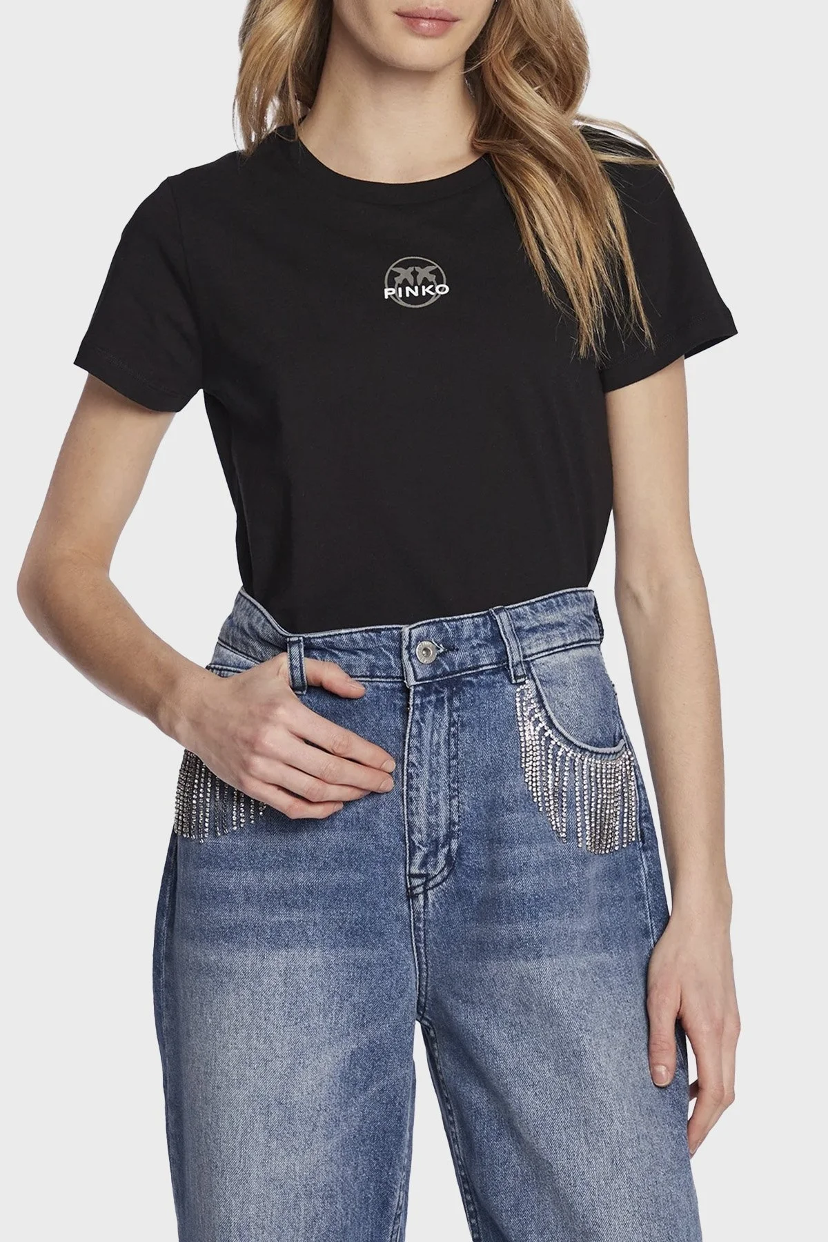 Pinko Logolu Bisiklet Yaka % 100 Pamuk Regular Fit Bayan T Shirt 100355 A0KO Z99 SİYAH - 1