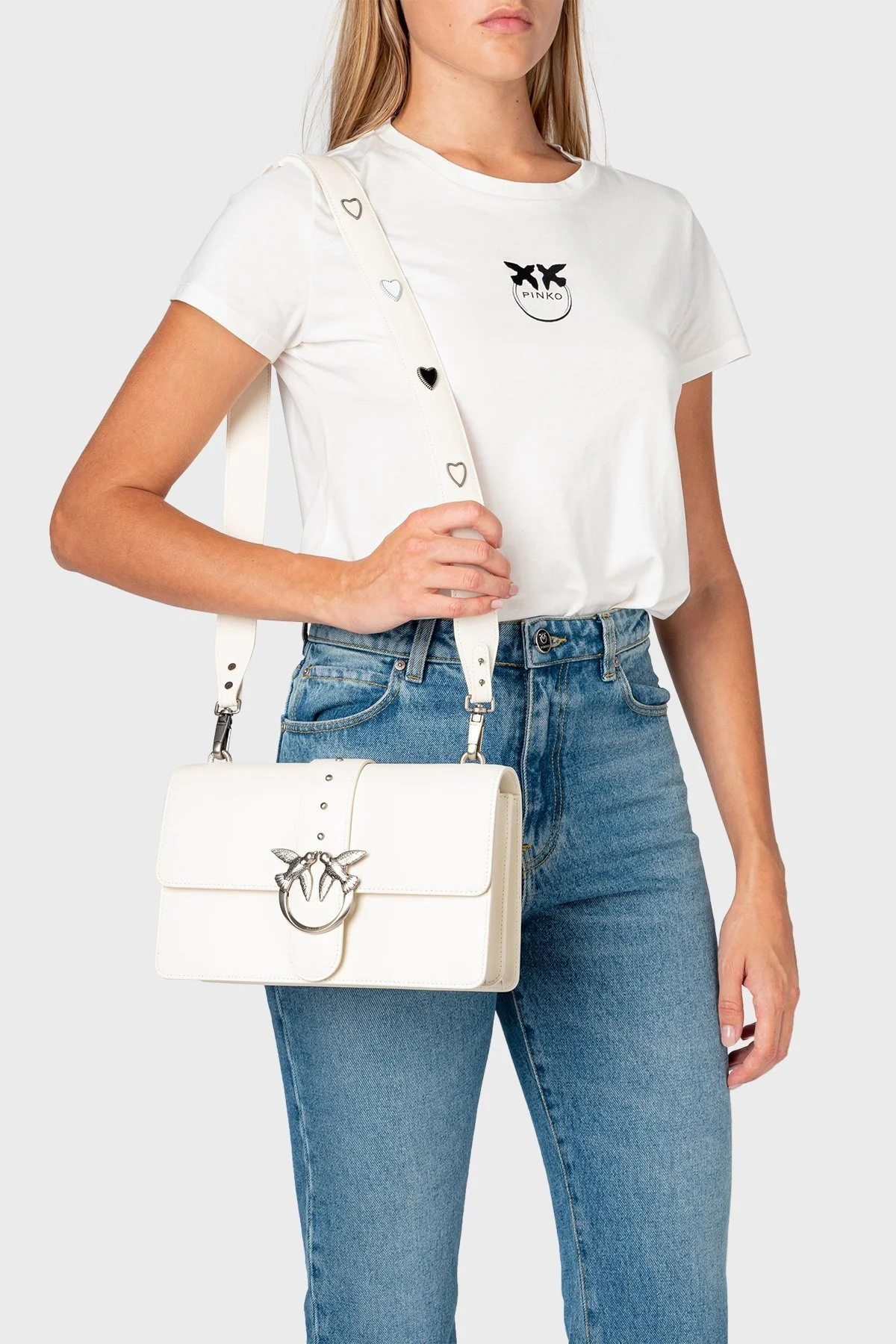 Pinko Logolu Çıkarılabilir Omuz Askılı % 100 Deri Bayan Çanta 1P22TT Y5H7 Z14O EKRU - 2