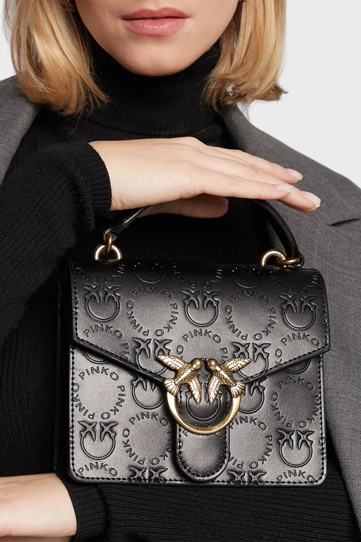 Pinko Logolu Çıkarılabilir Omuz Askılı % 100 Deri Bayan Çanta 1P22VP A042 Z99Q SİYAH - 2