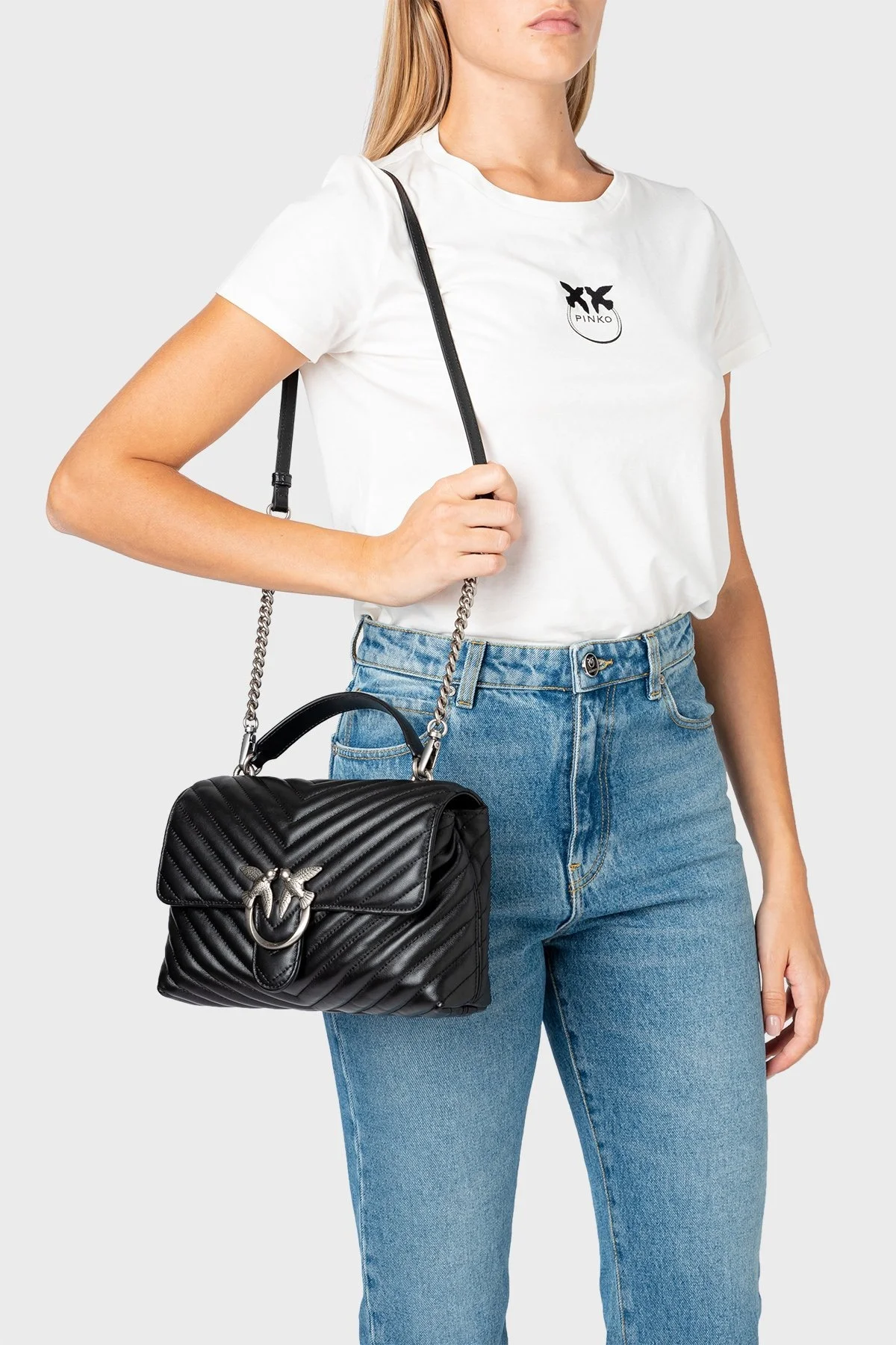 Pinko Logolu Çıkarılabilir Zincir Askılı % 100 Deri Bayan Çanta 1P22UM A03Z Z99O SİYAH - 2