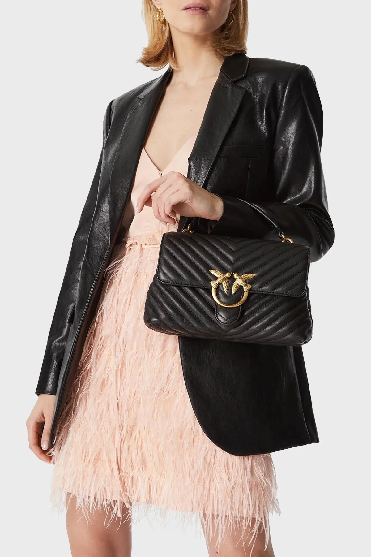 Pinko Logolu Çıkarılabilir Zincir Askılı % 100 Deri Bayan Çanta 1P22UM A03Z Z99Q SİYAH - 2