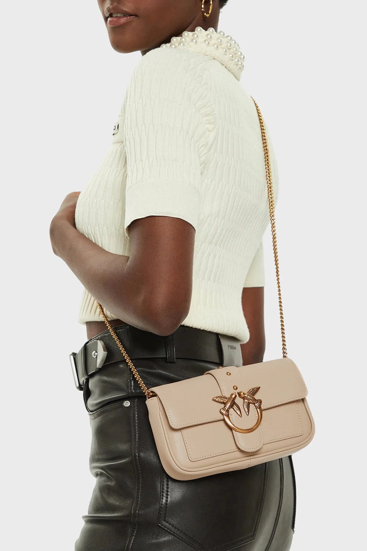 Pinko Logolu Hakiki Deri Zincir Askılı Bayan Çanta 100061 A0F1 C50Q BEJ - 2